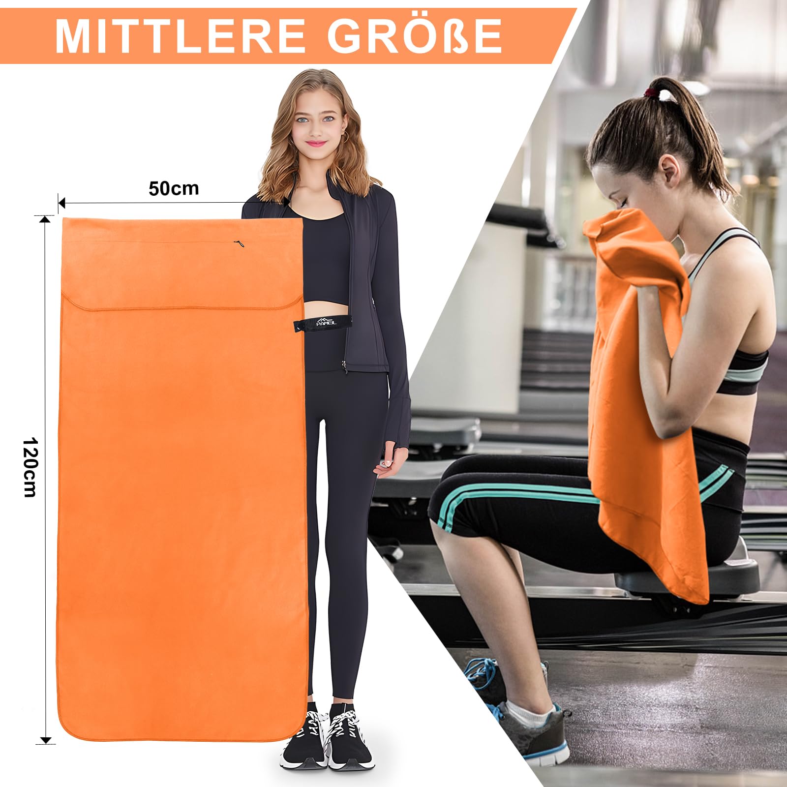 Pameil Asciugamano Microfibra, 120x50cm Asciugamano Palestra, Leggero & Assorbente Telo Palestra Microfibra Con Tasca Con Cerniera per Viaggi, Spiaggia, Yoga, Sauna