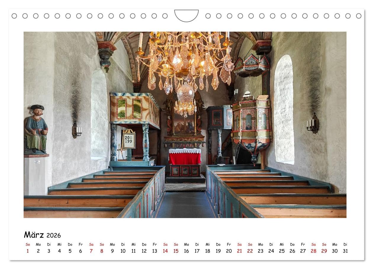 Schwedische Kirchen auf dem St.Olavsweg (Wandkalender 2026 DIN A4 quer), CALVENDO Monatskalender: Innenansichten Schwedischer Kirchen auf meiner Pilegrimwanderung.