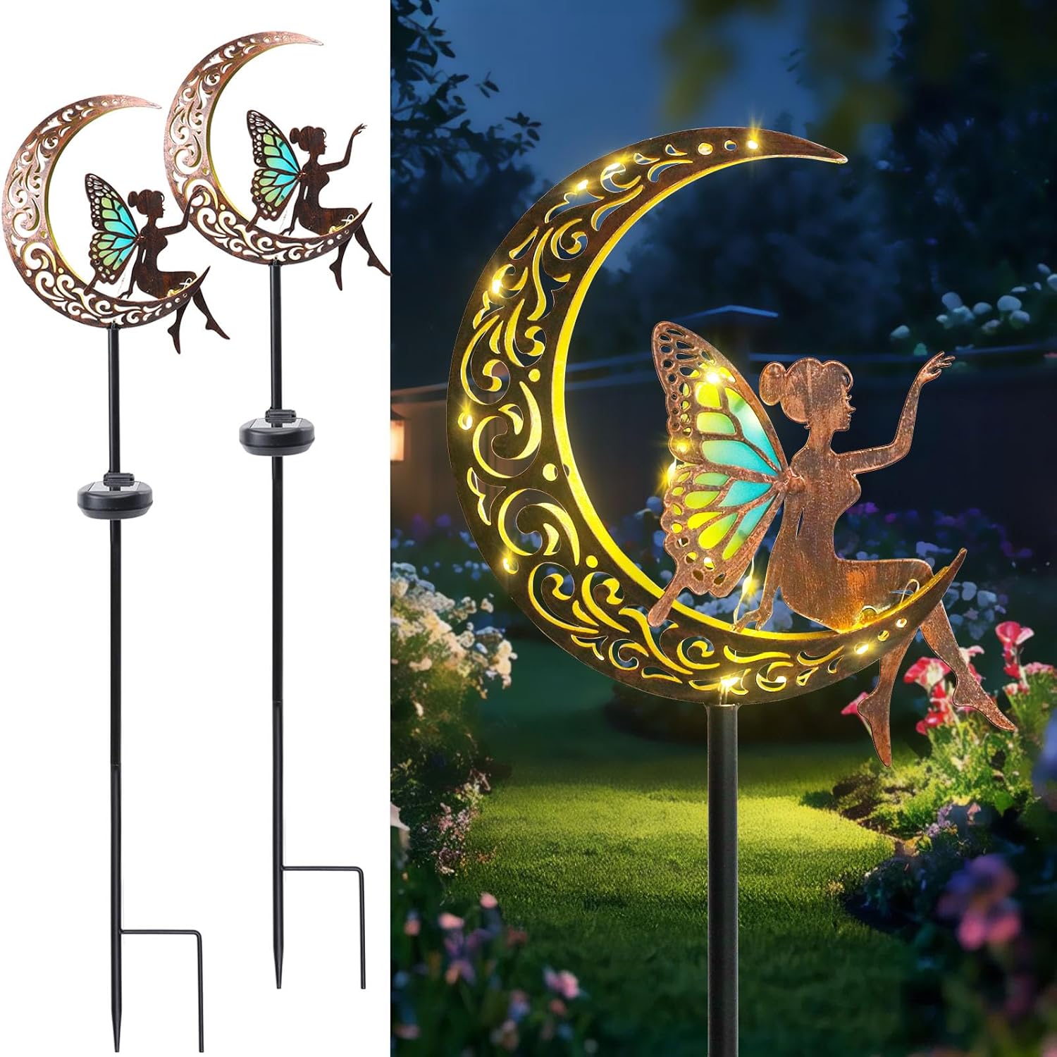 Afirst Solar Garden Lights Outdoor Decor Moon Fairy Stake Lights Waterproof Warm White LED Metal Stake Decor for Outdoor Pathway Yard Lawn Decoration Housewarming Mom Gifts 2 Pack