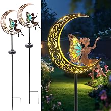 Afirst Solar Garden Lights Outdoor Decor Moon Fairy Stake Lights Waterproof Warm White LED Metal Stake Decor for Outdoor Pathway Yard Lawn Decoration Housewarming Mom Gifts 2 Pack