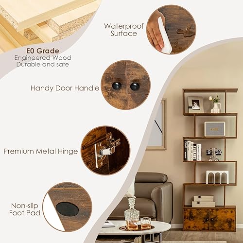 Miniatura 6 de Tangkula Estantería en forma de S con gabinete, estantería de 6 niveles con puertas, estanterías geométricas independientes para sala de estar,