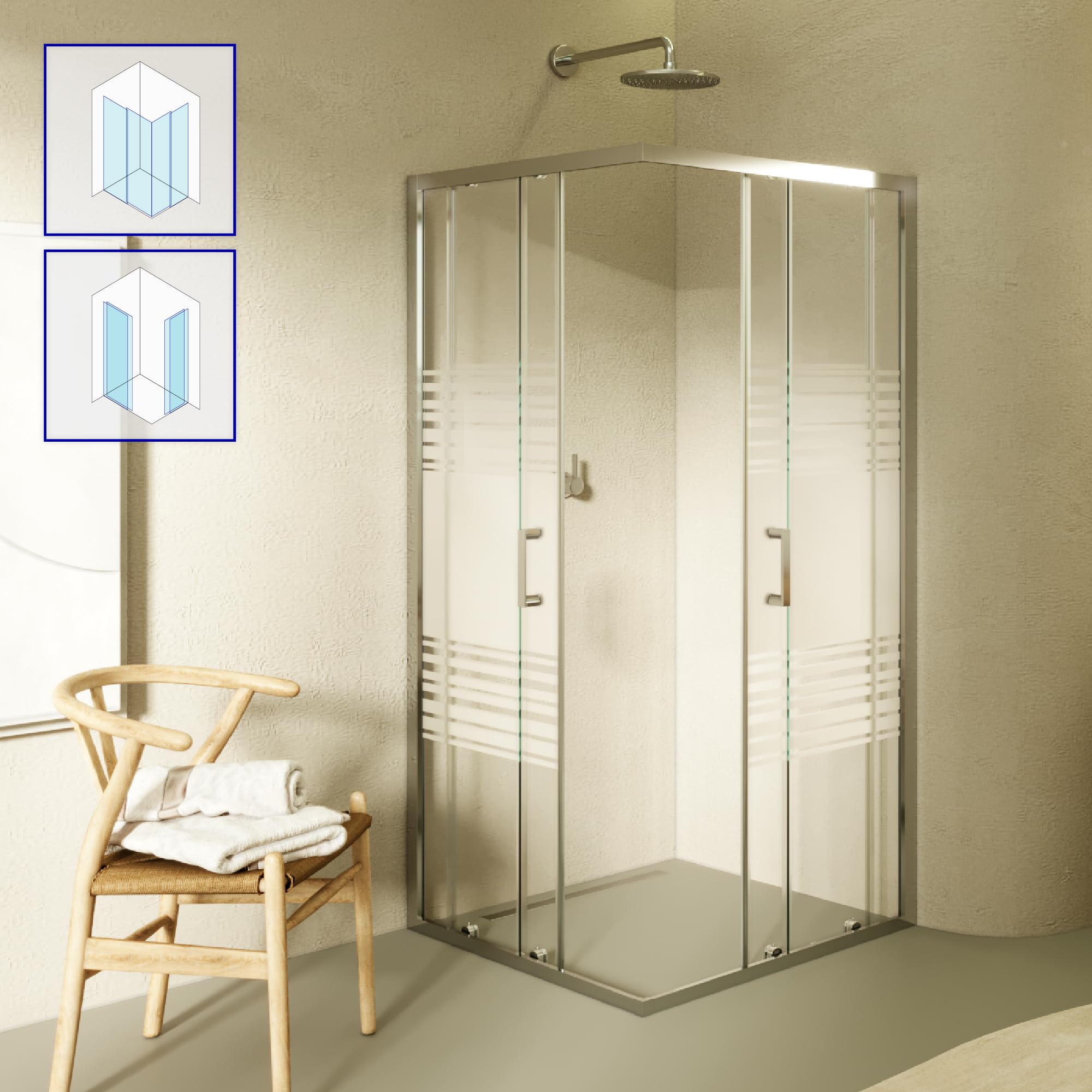 Mampara de Ducha Diana 90x90x185cm | REVERSIBLE | Puerta corredera, Ajuste 87,5-89,5 x 87,5-89,5cm | Perfiles Cromados, Cristal Parcialmente satinado 6mm