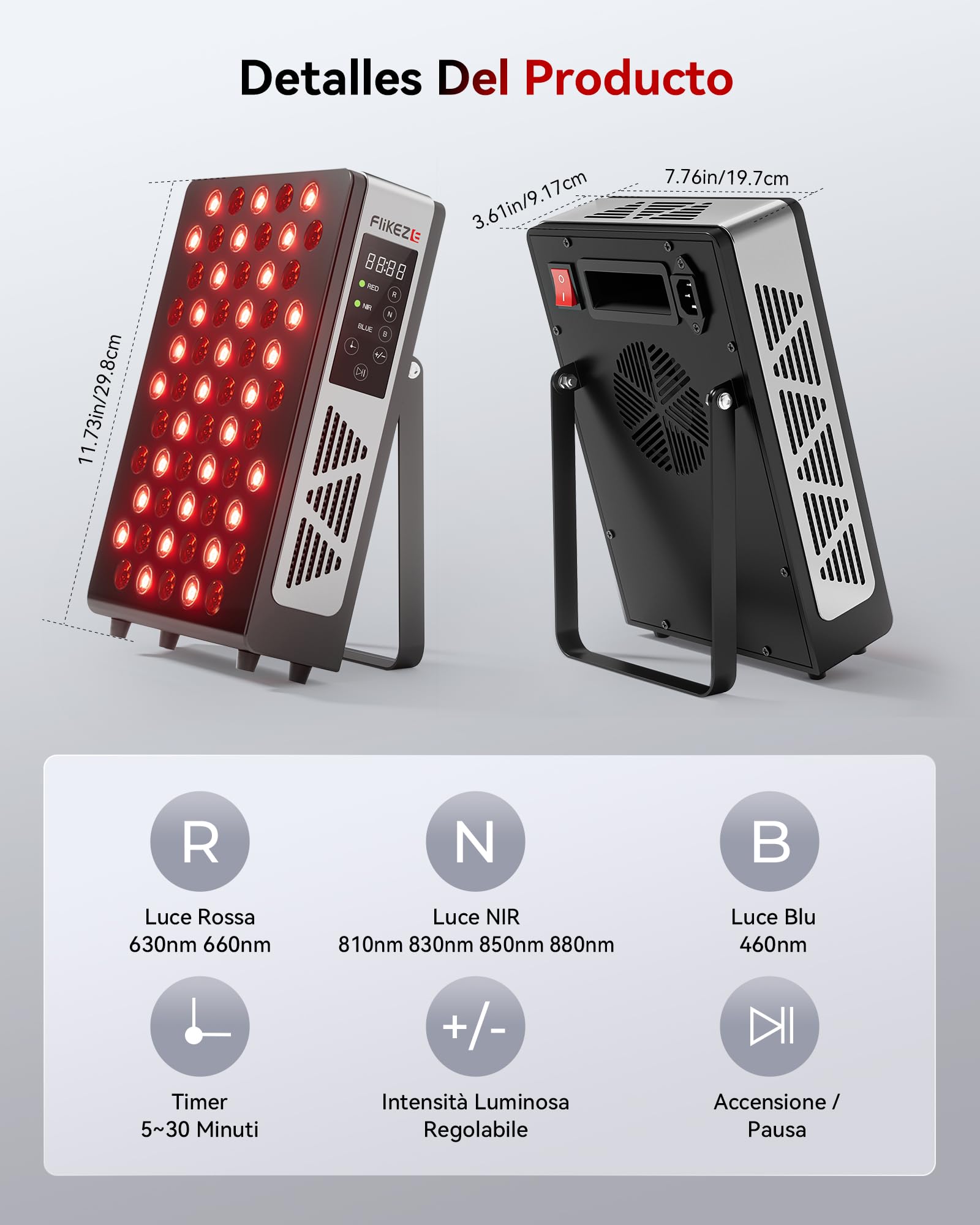 FliKEZE Lampada Infrarossi, 60 LED Luce Rossa Terapia Lampada Infrarossi da (460 nm, 630 nm, 660 nm, 810 nm, 830 nm, 850 nm, 880 nm), Adatto per Uso Domestico, Sport e come Regalo