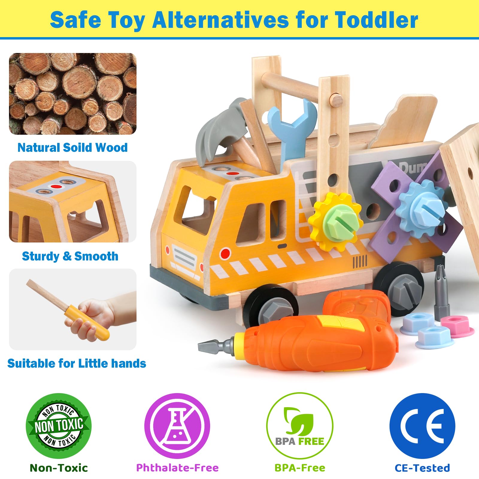 Jouet Enfant 3 Ans, Enfant Montessori Jeux Enfants 3 Ans avec Perceuse, Jouet en Bois Outil Enfant 40 Pièces, et établis Cadeau Garcon Fille 3 4 5 Ans