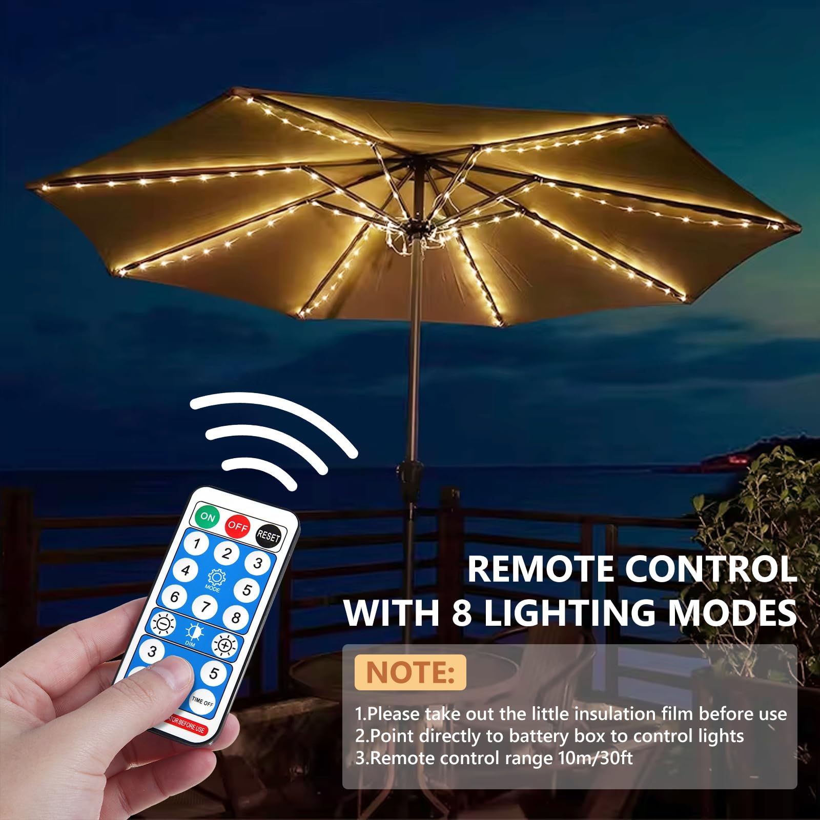 Luci Per Ombrellone LED 104 Perline – 8 Modalità, Telecomando, Batteria AA (non Incluse), Impermeabili IP65/IP67, Per Esterni E Tende