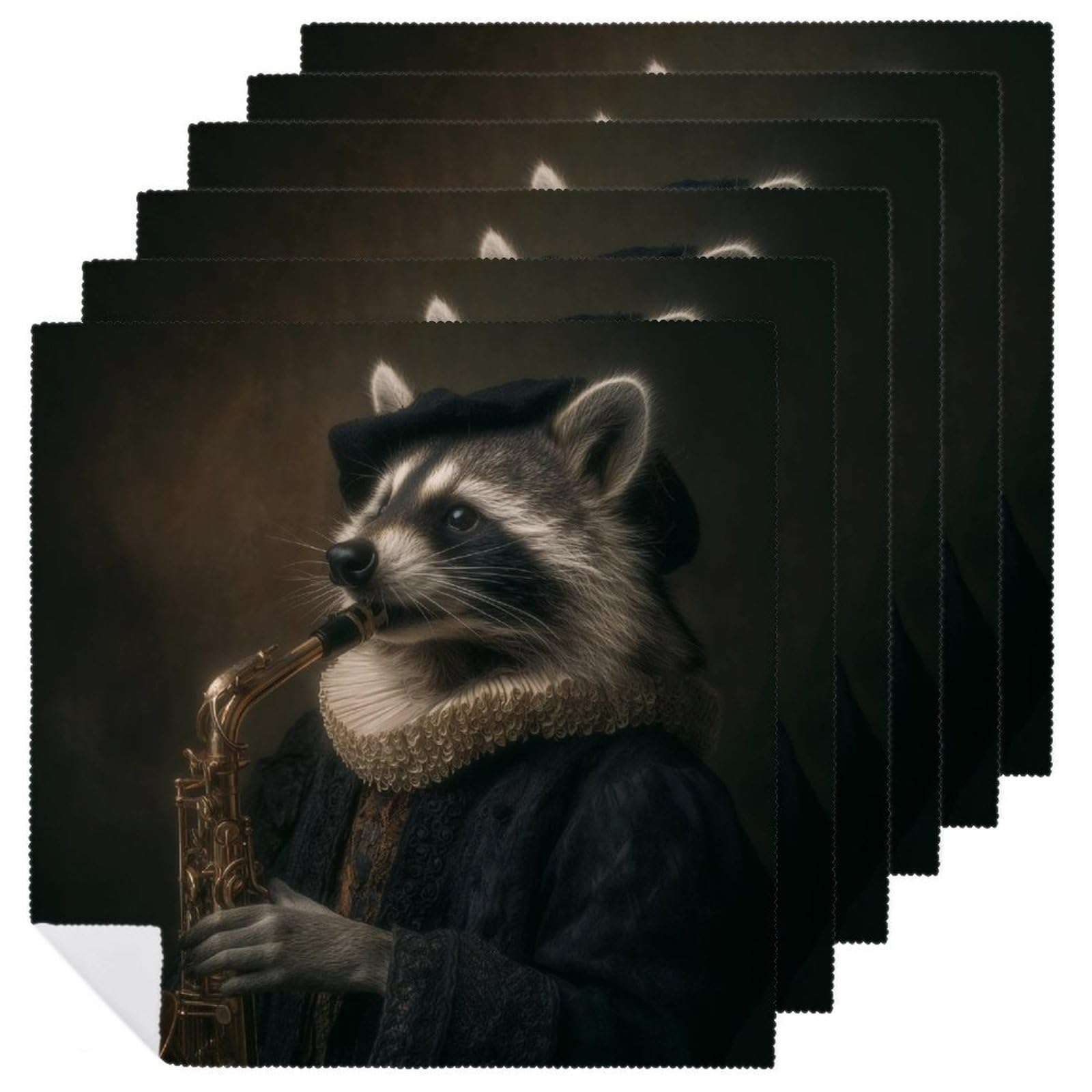 Raccoon Dressed in Dark Clothes Play The Saxophone Cloth Napkins Set of 6, Square Premium Reusable Washable Polyester Table Linen Napkin for Dinner Party