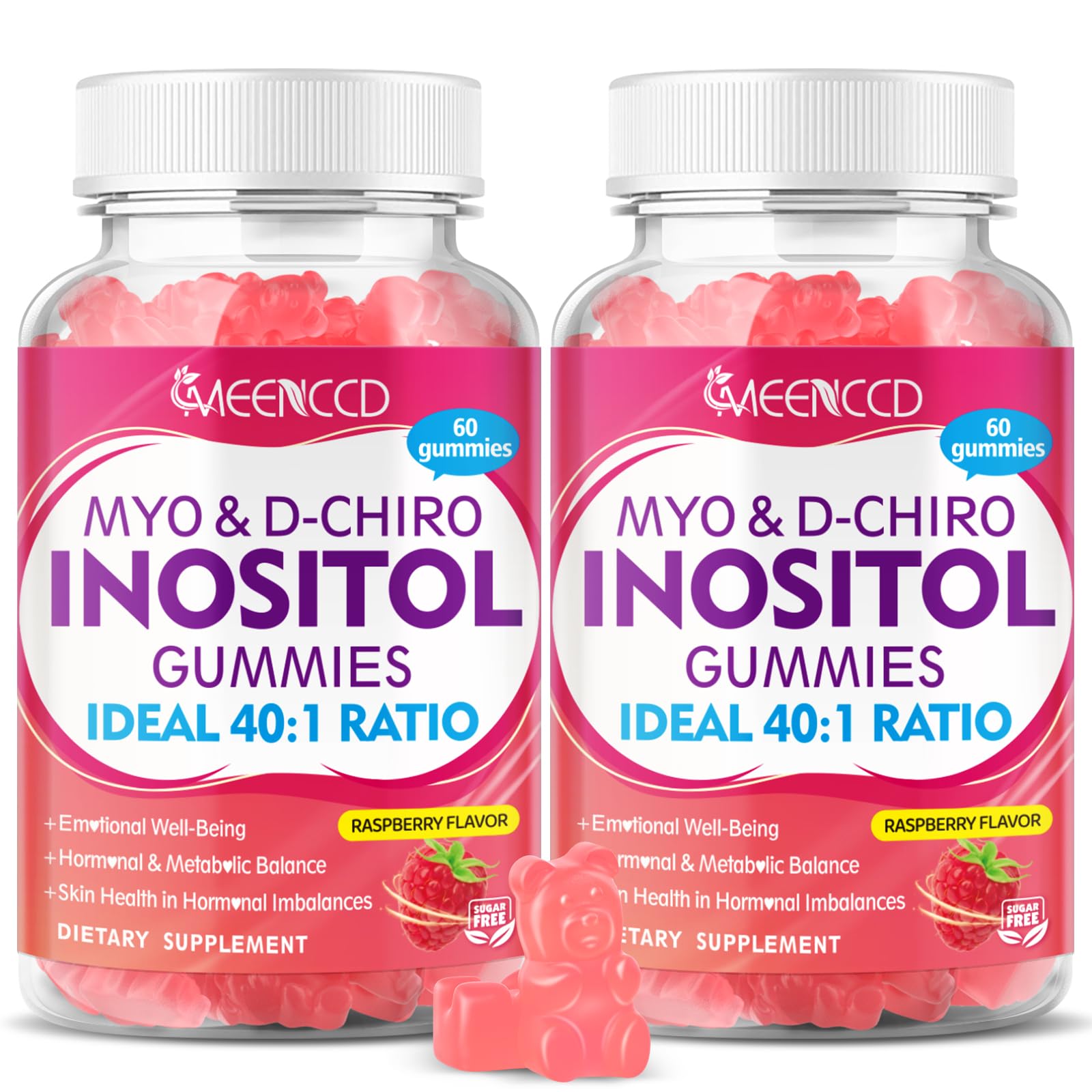 2 Pack Myo-Inositol & D-Chiro Inositol Gummies, 40:1 Ratio Inositol with Vitamin D3, Magnesium Glycinate, Folate & Zinc, Inositol Supplement for Female Health & Wellness, Raspberry Flavor, 120 Count