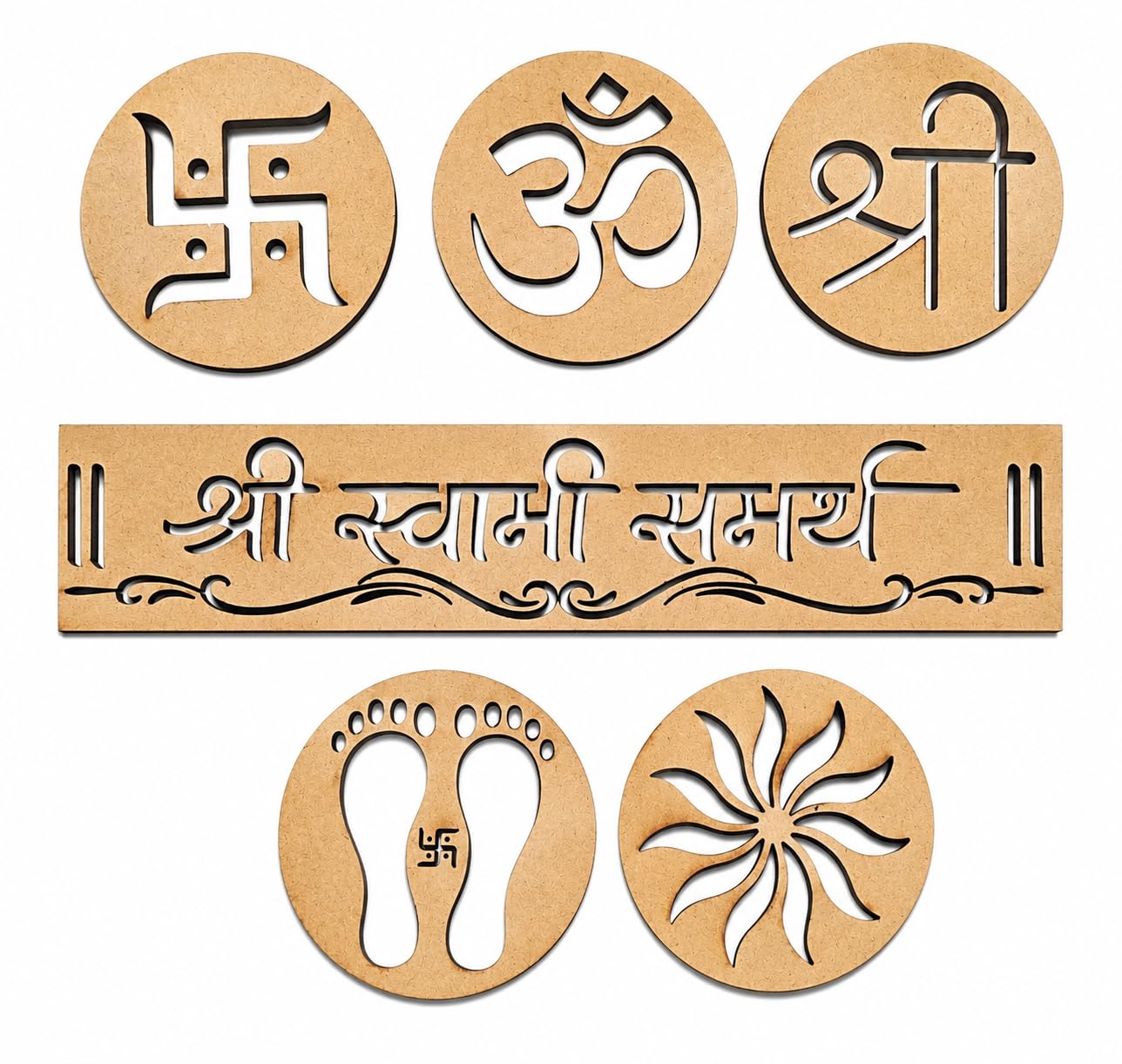 Balaji Green Craft MDF Rangoli Trace Stencil Set for Floor Decoration | Om, Shree, Swastik, Swami Samarth, Charan Paduka & Chakra Designs | Reusable DIY Rangoli Making Template (6 Pieces)-image-14
