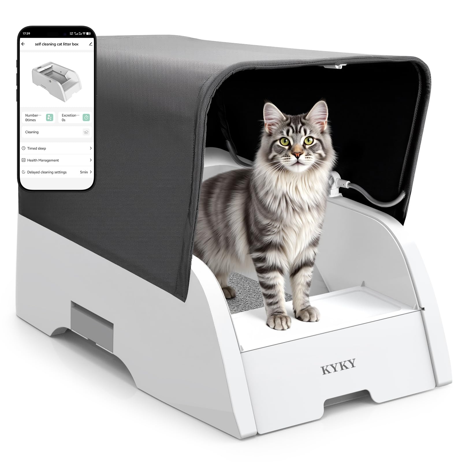 Self Cleaning Litter Box, Upgraded Automatic Cat Litter Box Self Cleaning with APP Control, Large Open Design for Single/Multiple Cats, Anti Pinch and Odorless（with Canopy）