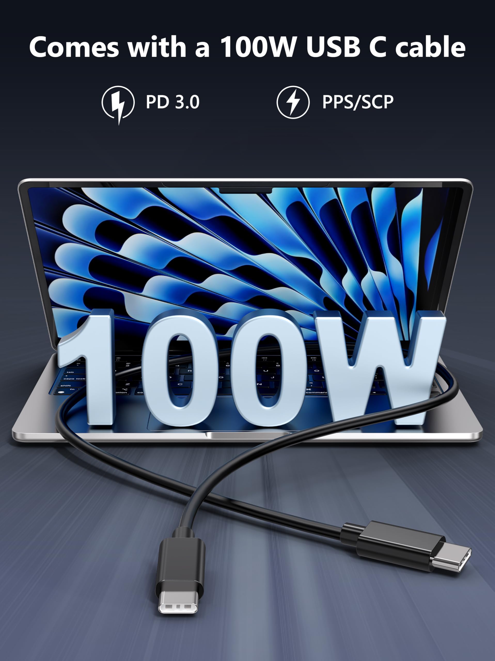 100W USB C Charger Block,4-Port GaN Fast Charger for MacBook Pro, MacBook Air, Google Pixelbook, ThinkPad, Dell XPS, iPad Pro, Galaxy iPhone All USB C Devices 6ft