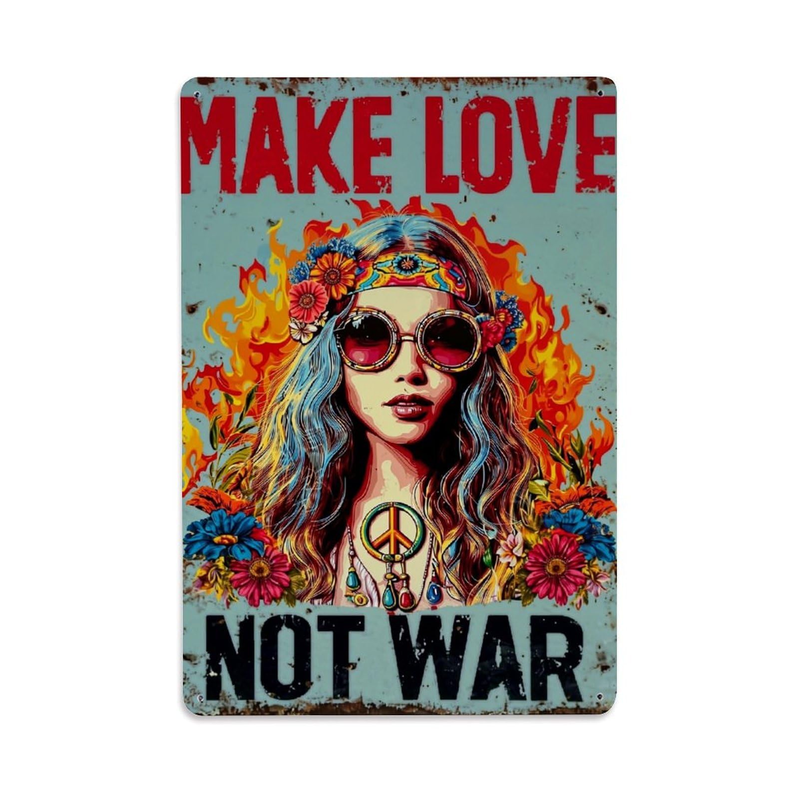 Peace Sign Flower Headband Sunglasses Flames Retro Metal Tin Sign, Vintage Decor Art Poster for Bar, Home, Man Cave, Kitchen, Laundry Room Gift 8x12Inch