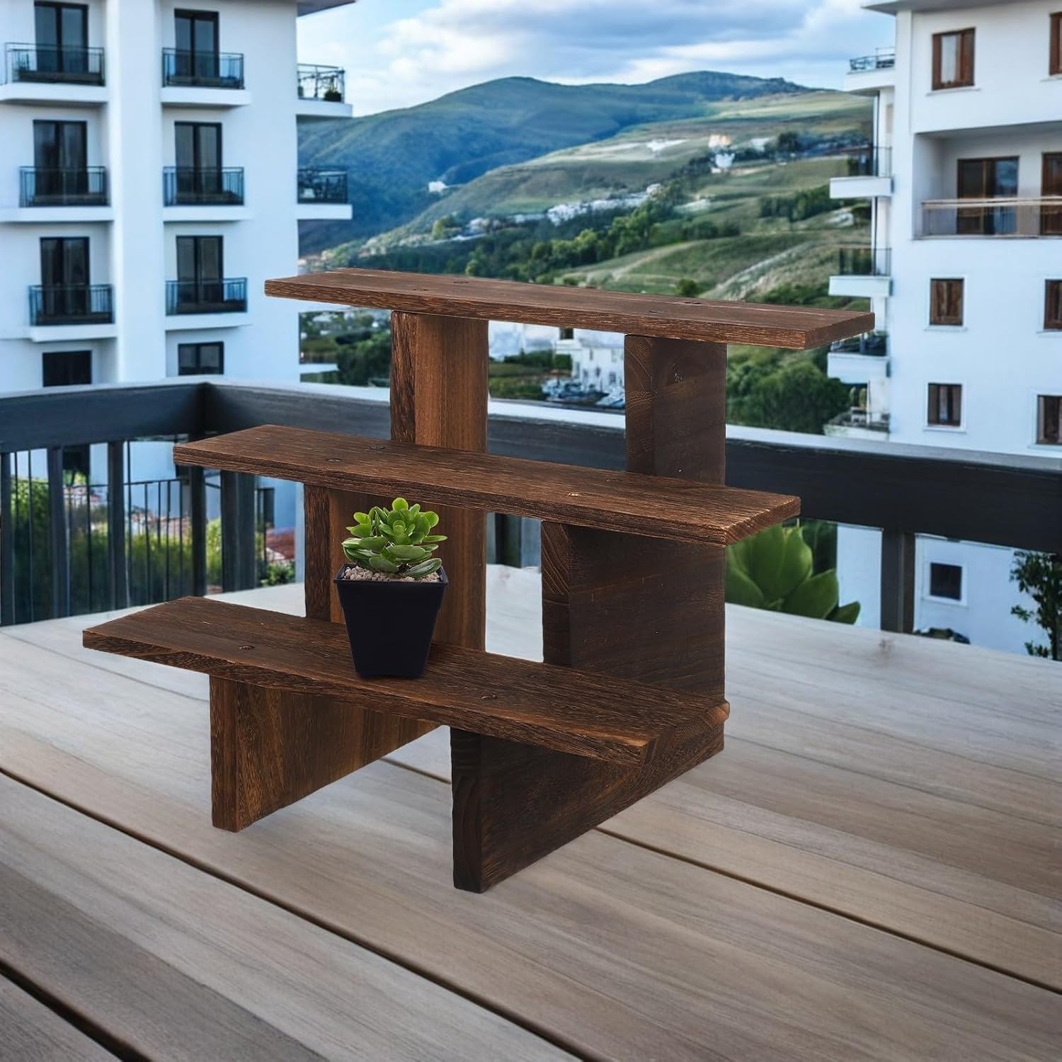 GLEAVI Wooden Table Display Stand with Three Tiers, Coffee Finish