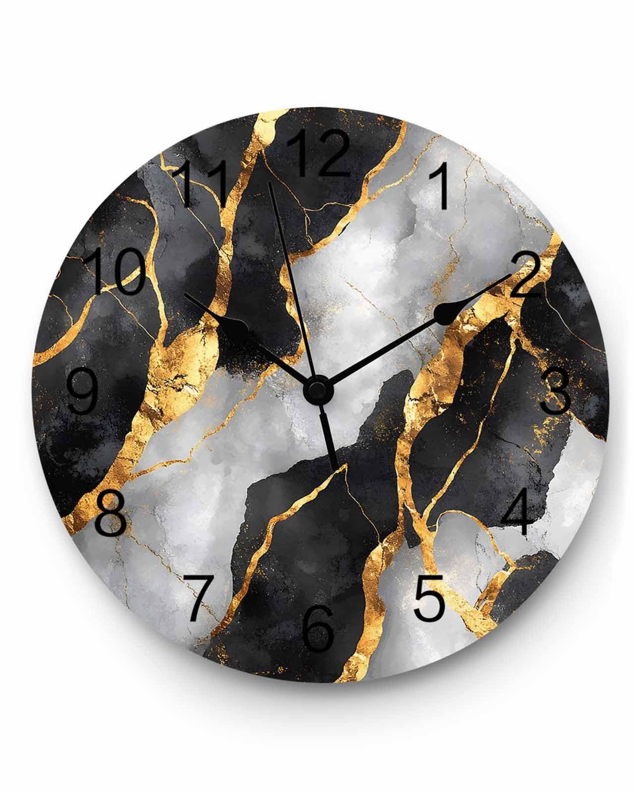 Wall Clock Abstract Gold White Black Marble Clocks PVC Silent Non-Ticking Battery Operated Decorative Modern Art Round Clock for Home Living Room