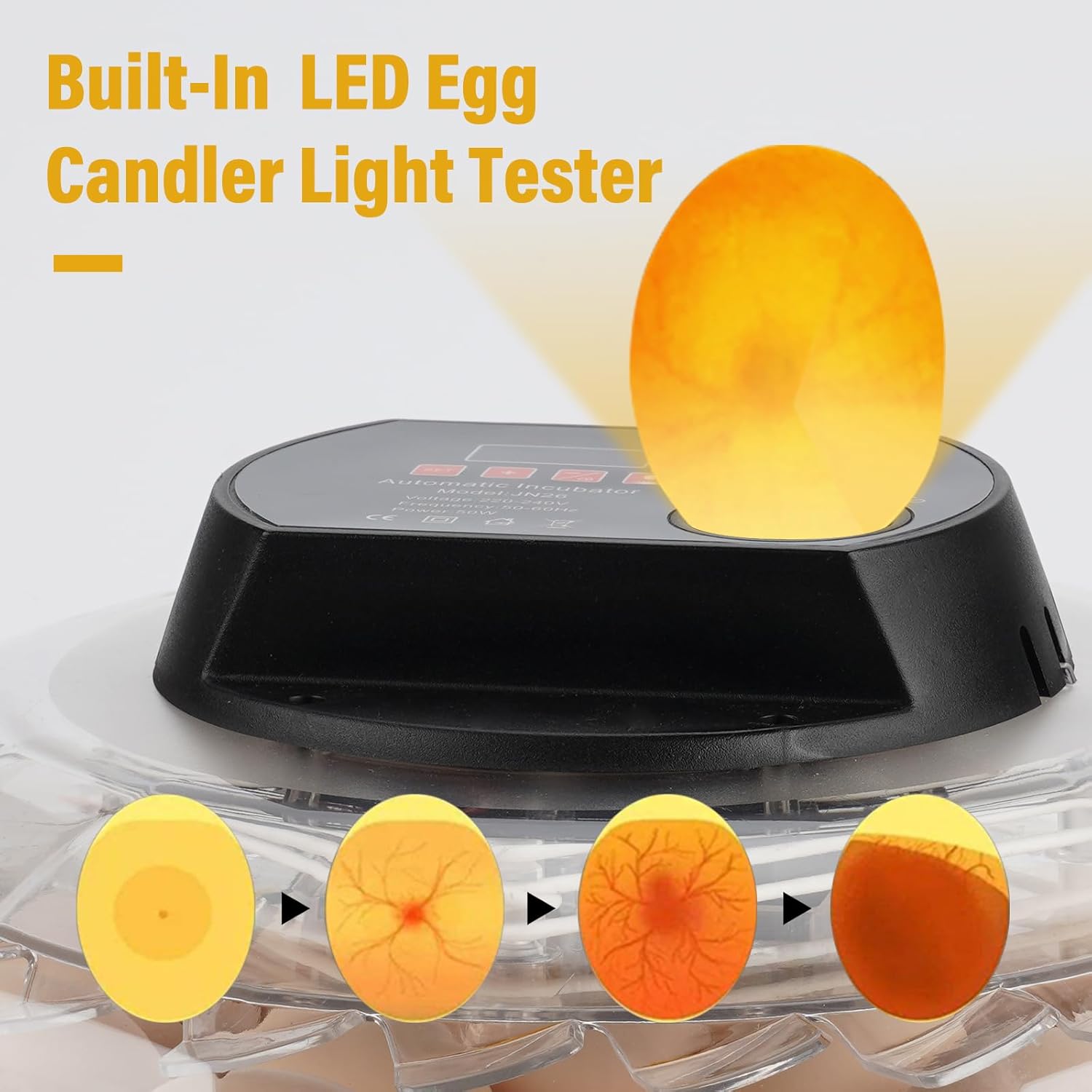 JANOEL JN26 Egg Incubator with built-in LED egg candler in use