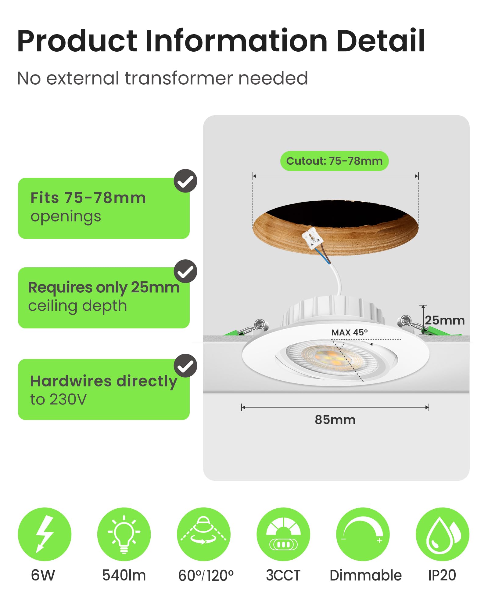 ALUSSO Downlight LED Techo Empotrable Extraplano Redondo 6W 75-78 mm, Focos LED Inclinables Blanco Cálido, 3000K 4000K 6500K Focos LED Regulables Para Cocina Baño Sala de Estar Paquete de 6 Blancos