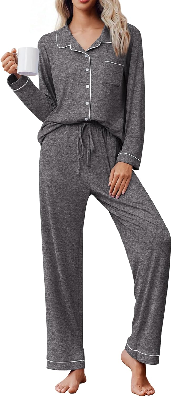 Ekouaer Pajama Sets Women Classic Long Sleeve Button Down Sleepwear Soft Pjs Lounge Sets
