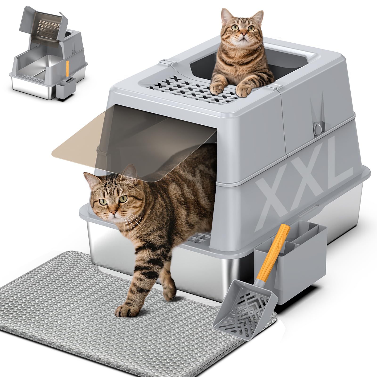 XXL Stainless Steel Litter Box with Lid, 27.5''x19.7''x19.3'', Modular Design & Flip Lid of Closed Metal Litter Box Fit All Cats, Covered High Sided Cat Box, Non-Sticky, Easy to Clean, Grey