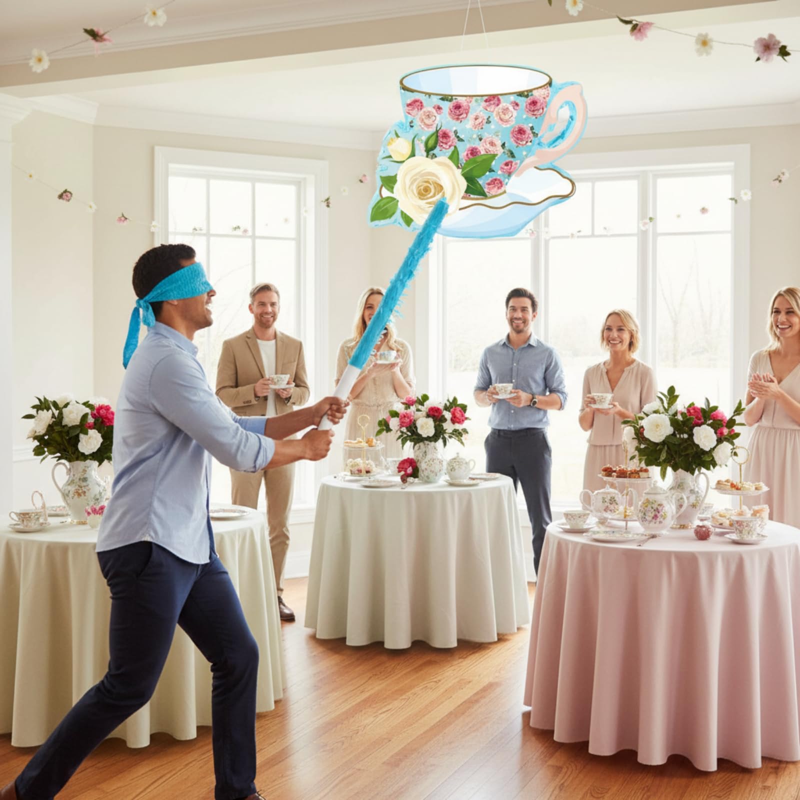Aoriher 4 Piezas Set de Piñata de Fiesta de Té Decoración de Fiesta Temática de Flor Piñata de Tetera Taza Pequeña Venda de Ojos Palo y Confeti para Suministro Recuerdo Cumpleaños Niños (Taza de Té)