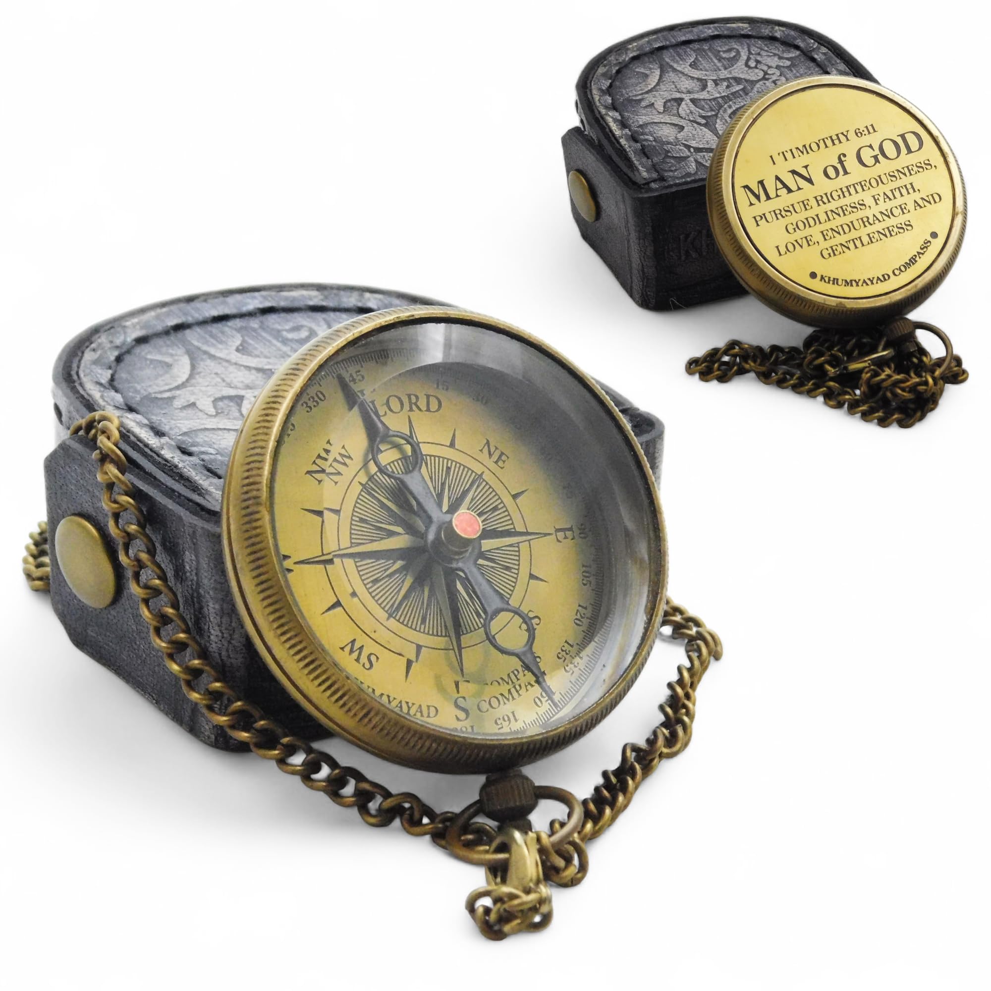 Engraved Brass Bible Verse Compass – I Timothy 6:11 Man of God | Vintage Nautical Compass with Brass Chain & Leather Case | Christian Gift for Men, Father, Husband