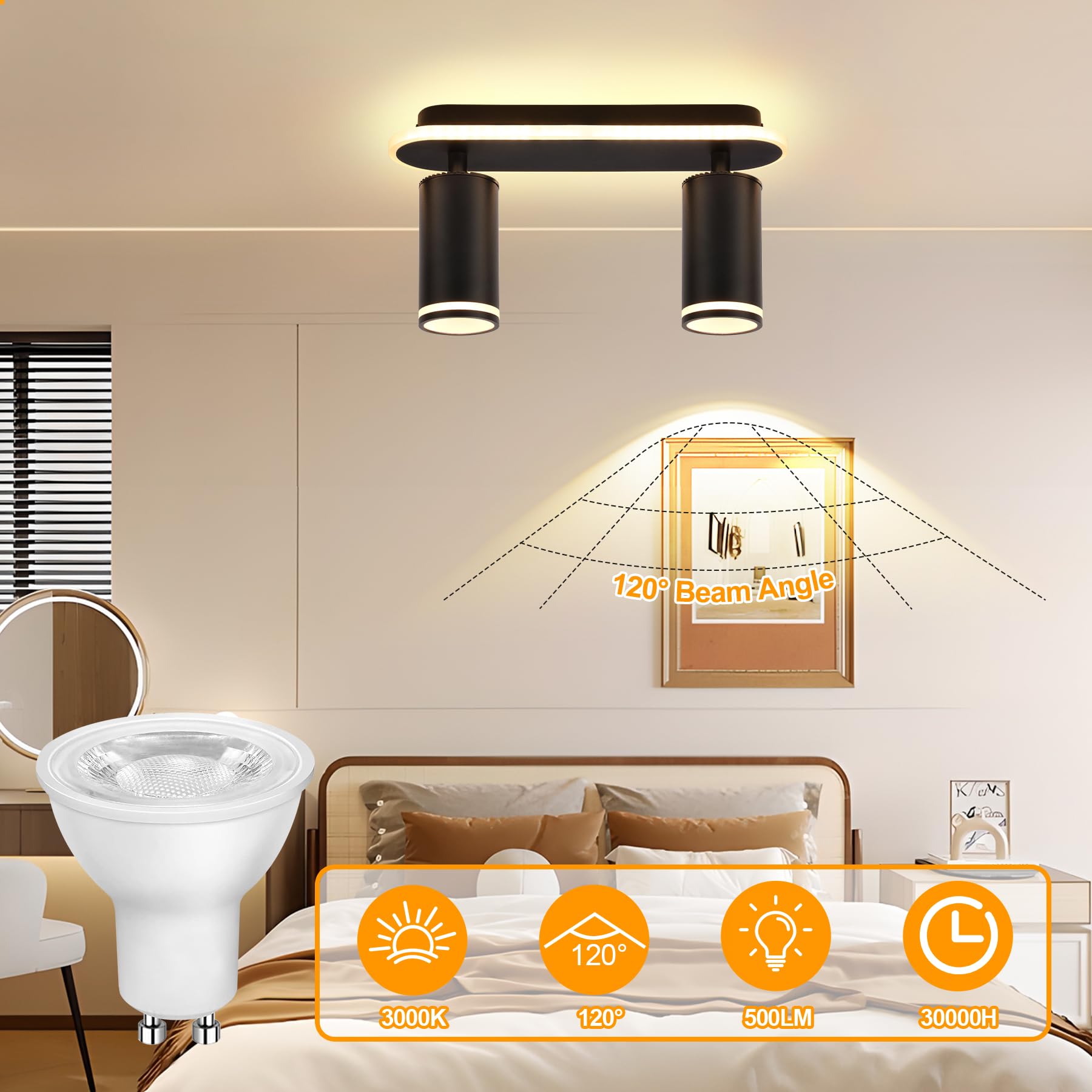 Spot Plafond GU10, Plafonnier 2 Spots Noir, Plafonnier Spot Orientable, comprend 2x 5W Ampoules GU10, Moderne Applique Plafond Interieur LED pour Cuisine, Salon, Blanc Chaud 3000K