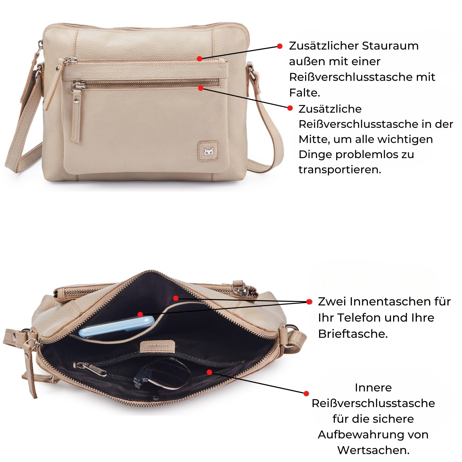 Wise Owl Accessories Kleine Umhängetaschen & Geldbörsen aus weichem gekrispeltem Echtleder - Triple Zip Premium Sling Frequenzweiche Umhängetasche für Damen