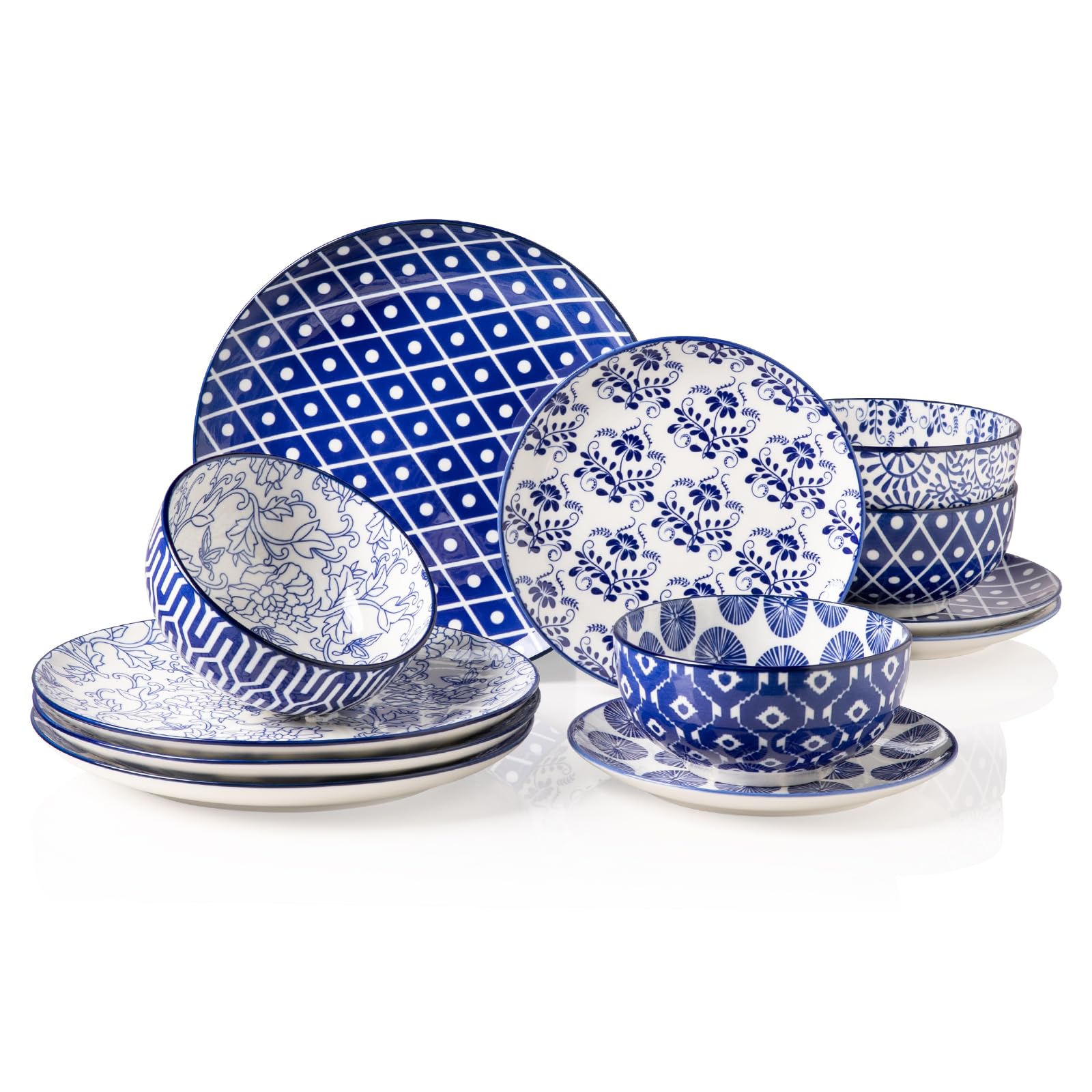 Sweejar Home Keramik-Geschirr-Set für 4 Personen, 12-teiliges Porzellanteller und -Schüssel-Set, klassisch, modern, schlicht, Küchen-Geschirr-Set, spülmaschinen- und mikrowellengeeignet(Kobaltblau)
