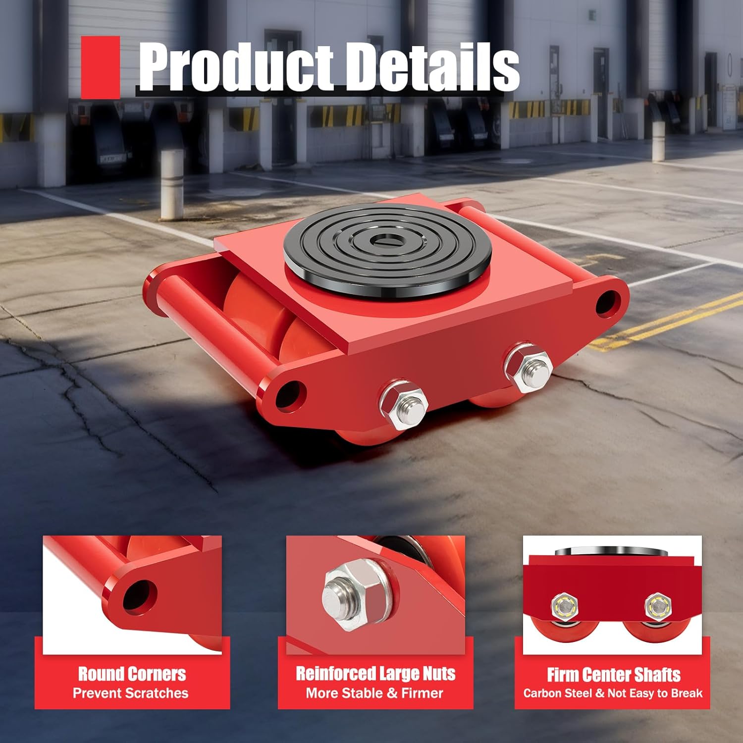 4PCS Machine Skates, 6T 13200Lbs Heavy Duty Machinery Skate 4 Rollers Dolly Machinery Moving Skate w/ 360° Rotation Cap & 2 Handles for Decoration Construction Sites & Supermarkets (Red)