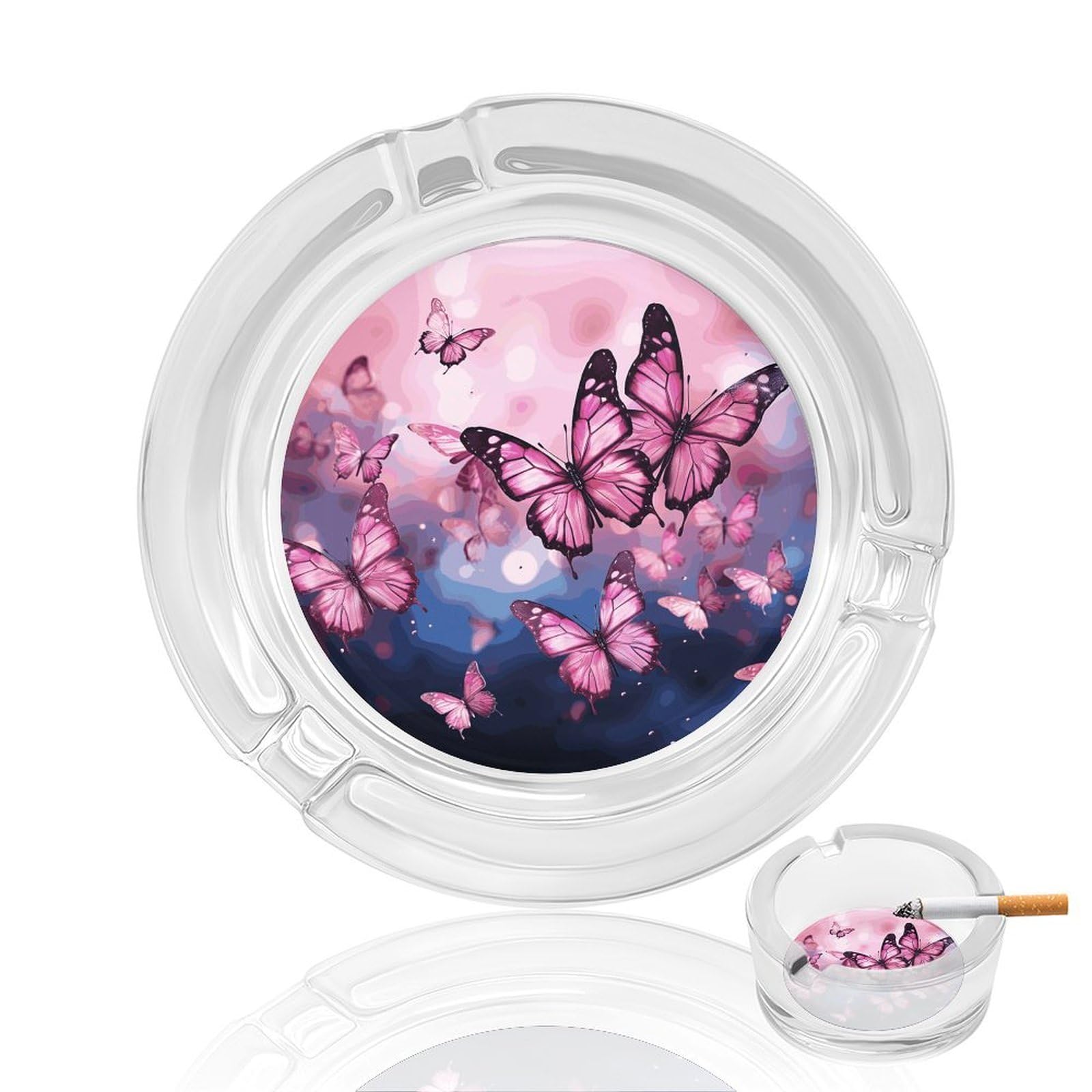 Cendrier décoration des fumeurs motif papillons roses en verre chic