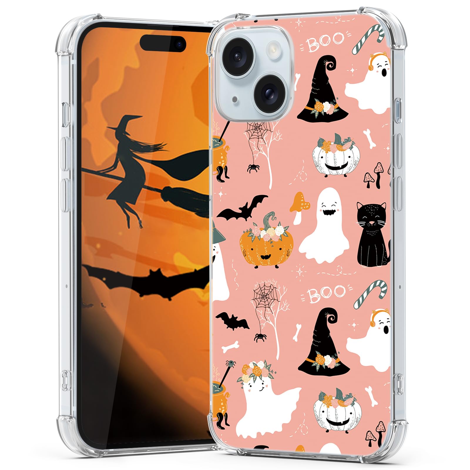 YEPO Autumn Fall Pumpkin Case for iPhone 15 Girls, Trendy TPU Bumper Halloween Funny Ghost Women Cover Kids Phone Case for iPhone 15 Pink