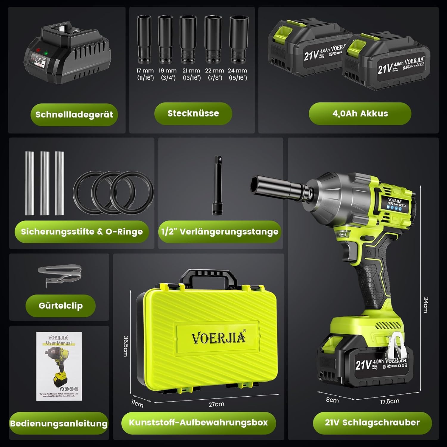 VOERJIA Akku Schlagschrauber 1000Nm - 21V Bürstenloser Drehschlagschrauber (1050Nm Lösemoment) mit 2x 4.0Ah Akku, 1/2 Zoll Impact Wrench Set für LKW, PKW, Traktor & Reifenwechsel, inkl. 5 Stecknüssen