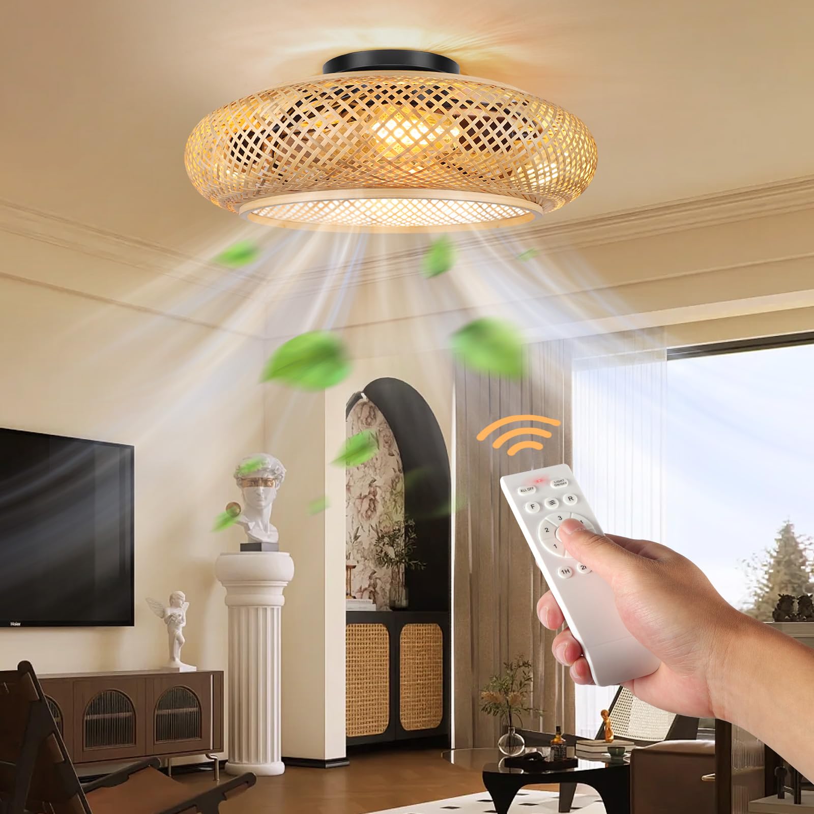 OUTON 20.8'' Boho Caged Ceiling Fans with Lights and Remote, Flush Mount Rattan Ceiling Fan with Reversible DC Motor, 6 Speeds, Timer, Enclosed Bladeless Ceiling Fans for Bedroom Kitchen Farmhouse