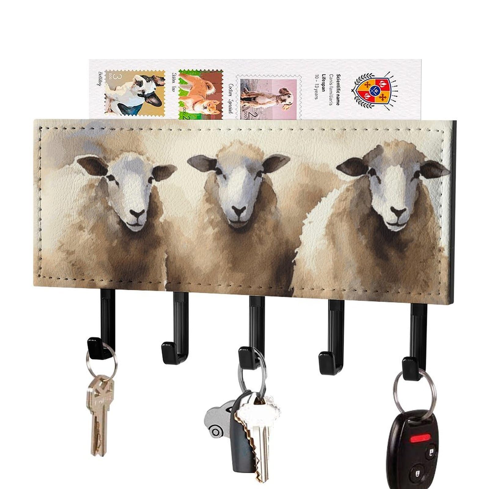 DWVTSLH Sheeps Watercolor Key Holder for Wall, Decorative Key Hooks with Mail Organizer & 5 Hooks, Self Adhesive Leather Key Hanger for Entryway, Wall Mounted Key Rack (7.1” X 4.3” X 0.9”)