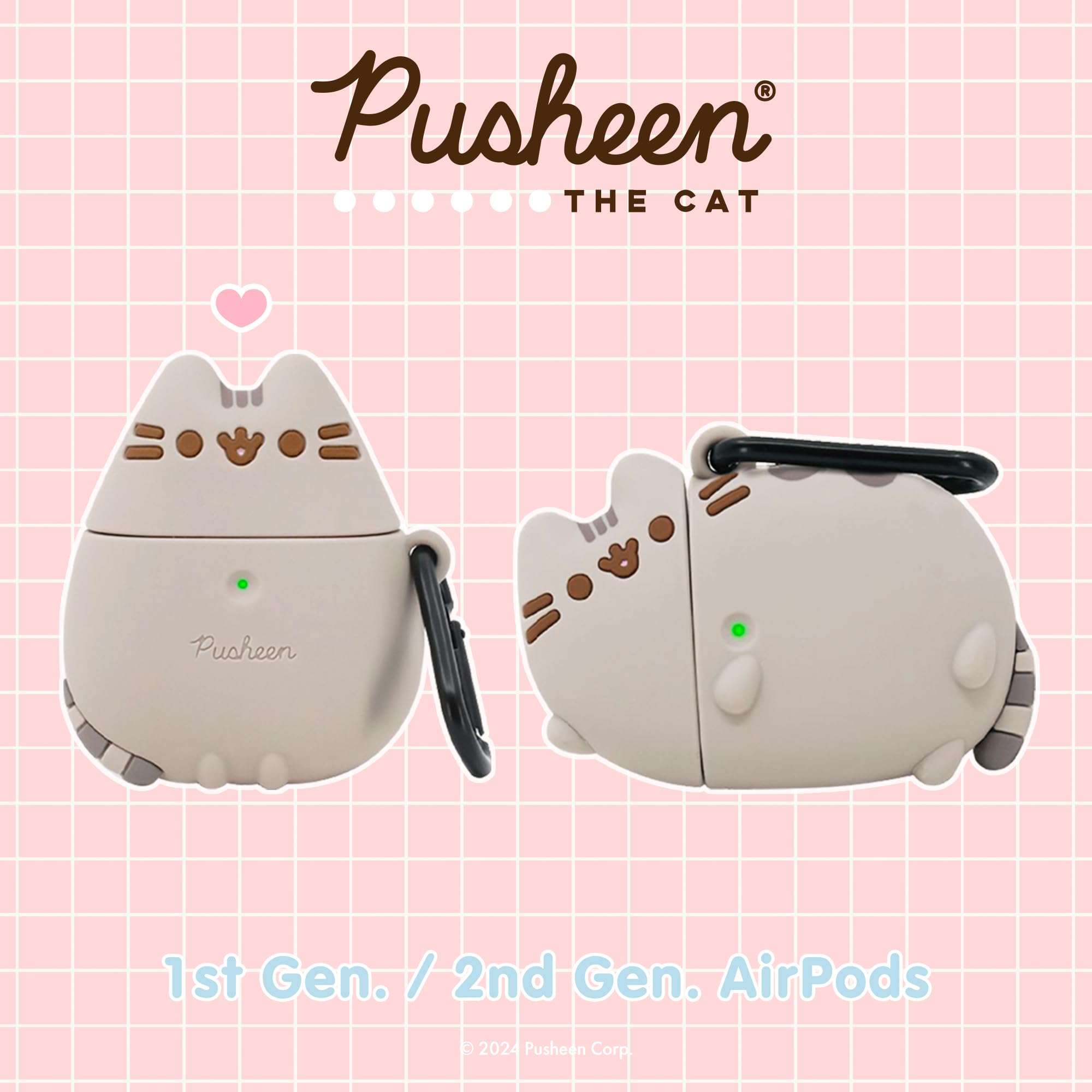 iFace x Pusheen Cute Silicone Protective Cover Designed for AirPods 1/2 Case [Carabiner Clip Included] [Wireless Charging Compatible] - Standing