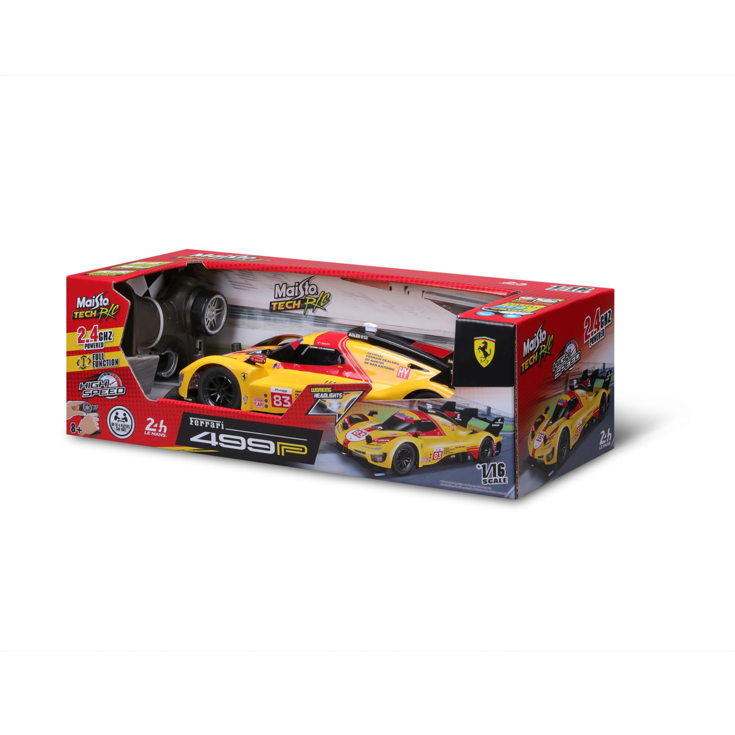 Bburago - Ferrari 499P LMH #83 Le Mans 2024-1/16 - Vehículo controlado por radio 2,4 GHz - Coche RC recargable - Velocidad 13,7 km/h - Modelo reducido realista de carrera, juguete infantil y colección