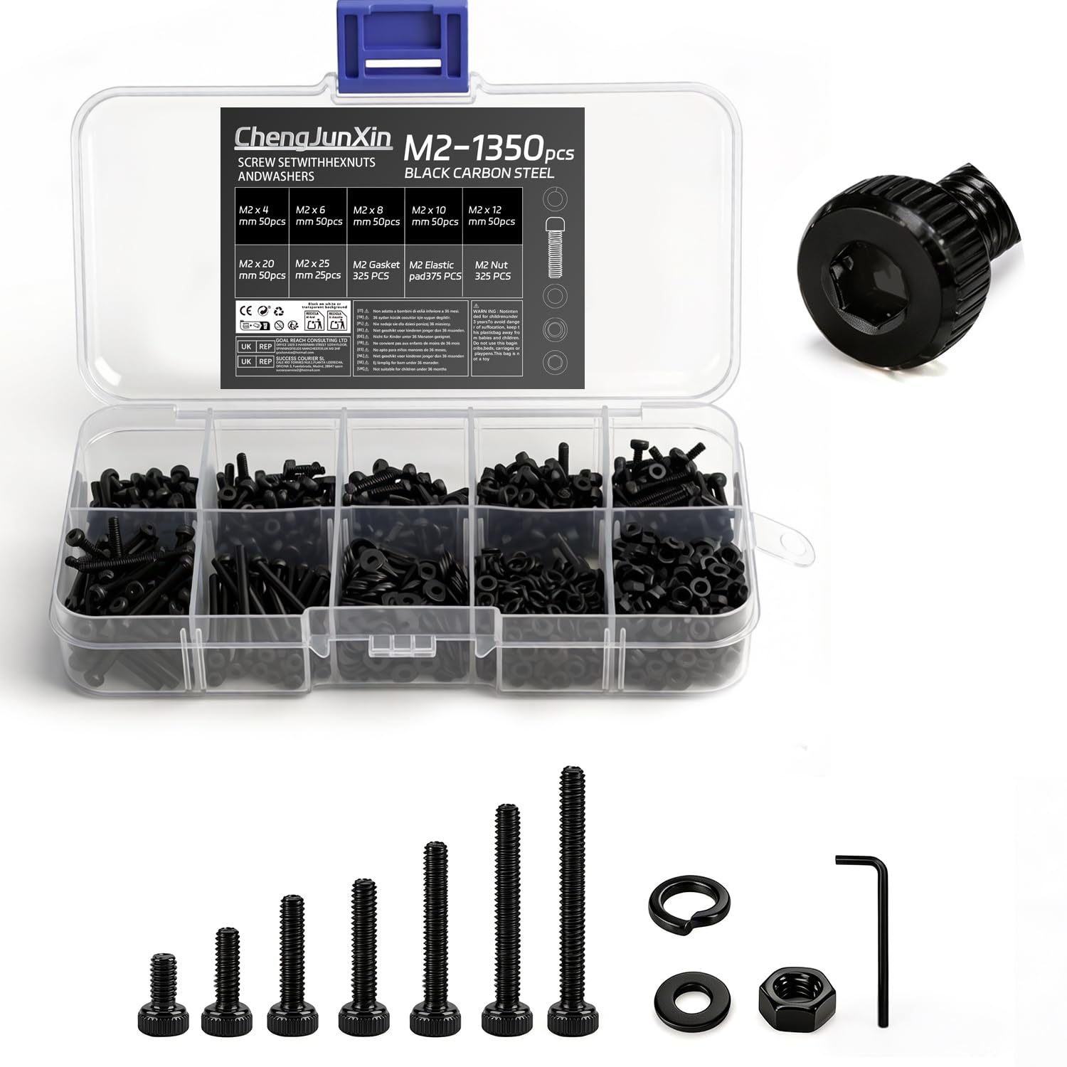 1350Pcs M2 Bolts and Nuts Set,Hex Socket Cup Head Cap Screws,Black