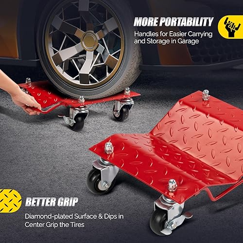 Miniatura 5 de TUFFIOM Juego de 4 carros para automóvil, 8000 libras de capacidad, carrito de vehículos resistentes, patines de neumáticos de acero con frenos,