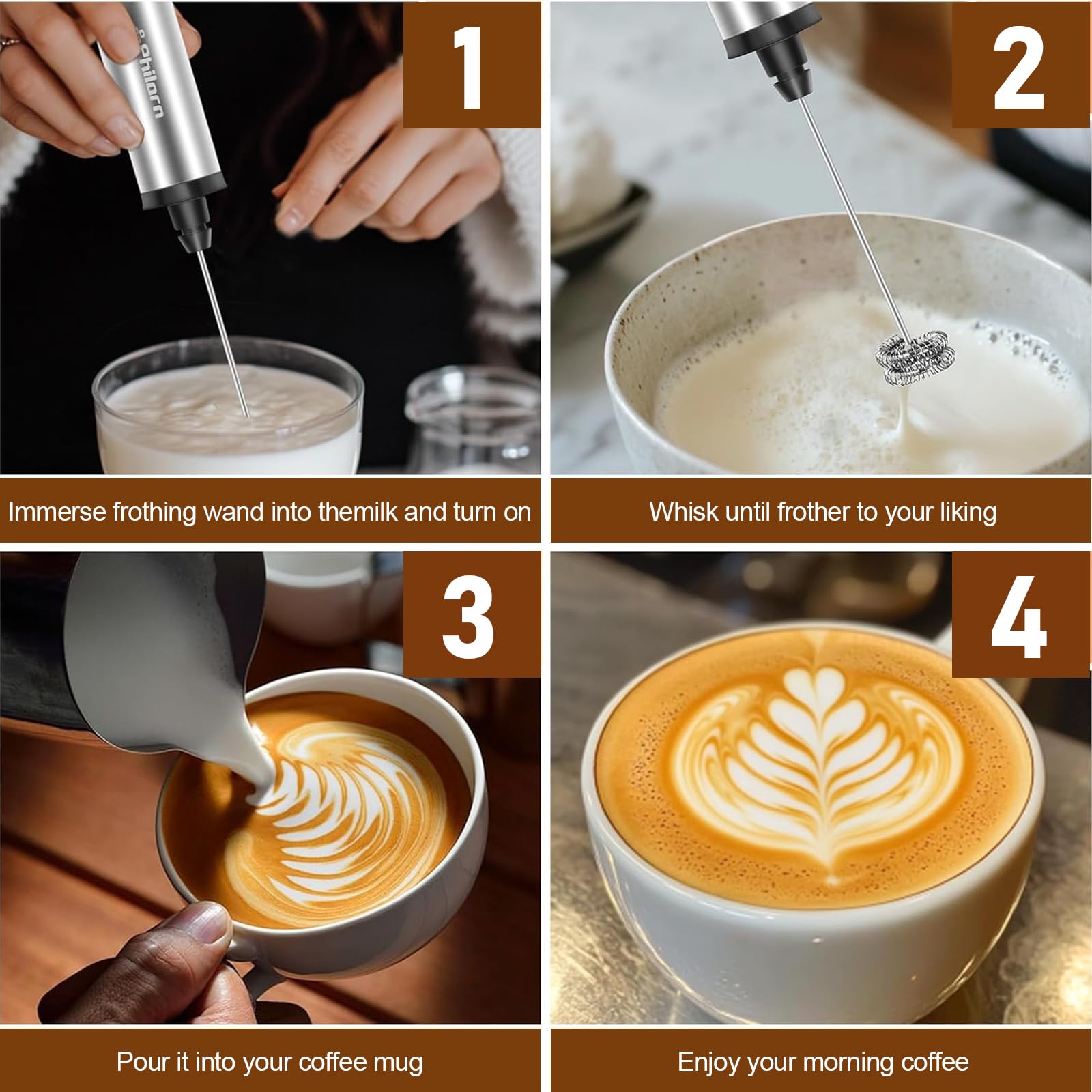Edelstahl Elektrischer Milchaufschäumer, 3-in-1 Mini-Handmixer Elektrisch USB Wiederaufladbar, Schnellschaum, Handheld Milchschäumer Stab Für Cappuccino/Macchiato/Heiße/Schokolade/Eischnee