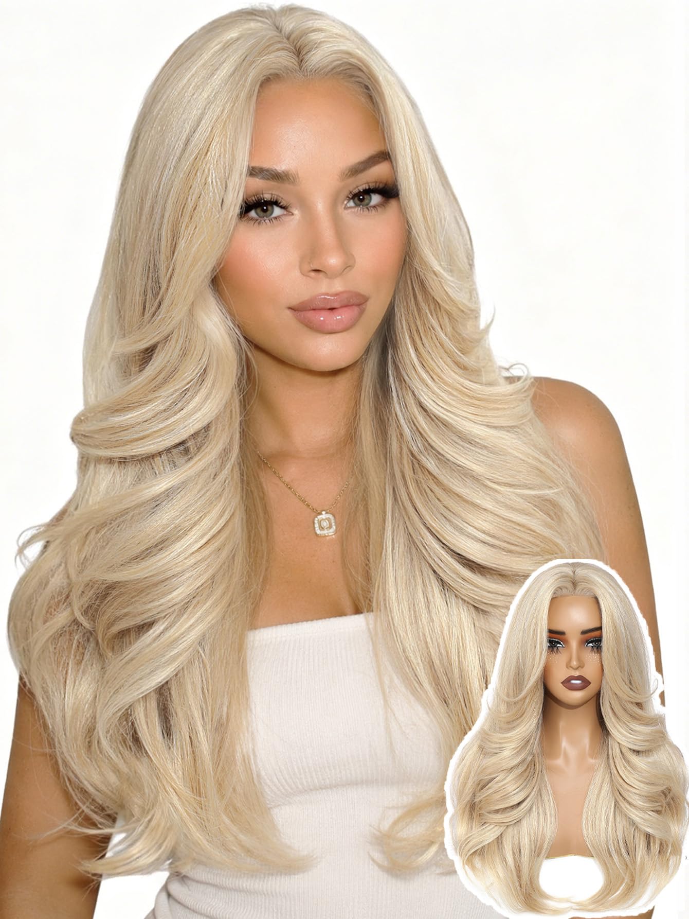 Photo 1 of Blonde Layered Wavy Wig with Curtain Bangs Synthetic Glueless 24 Inch
