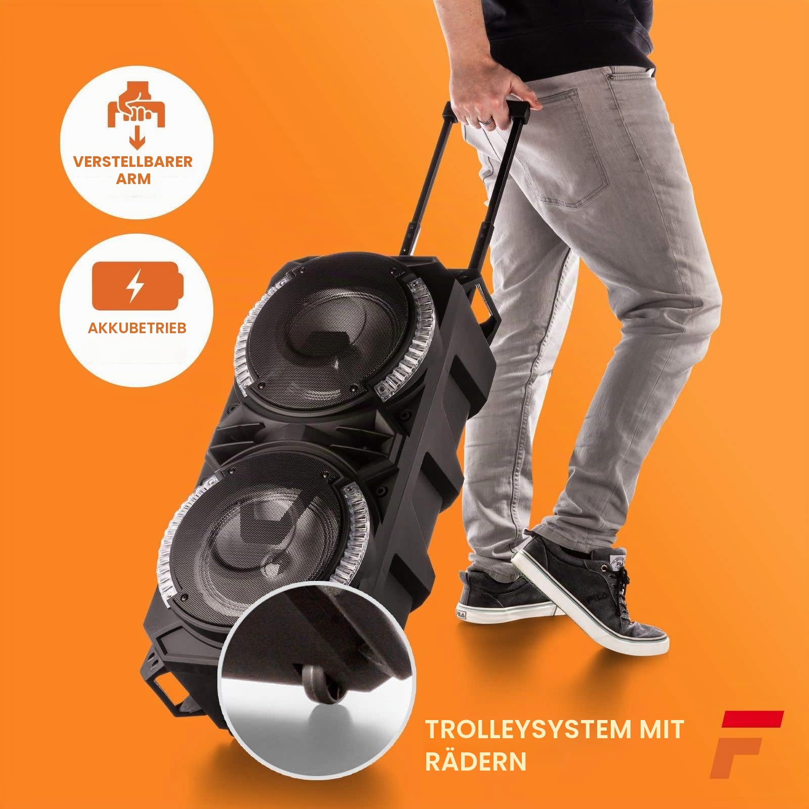 Fenton LIVE280 Karaoke Anlage mit 2 Mikrofonen, Akku - 900W, LED Partybox Bluetooth Lautsprecher Groß, Musikbox Groß, Mobiler Party Lautsprecher, Karaoke Maschine, MP3 - USB - SD - Schwarz