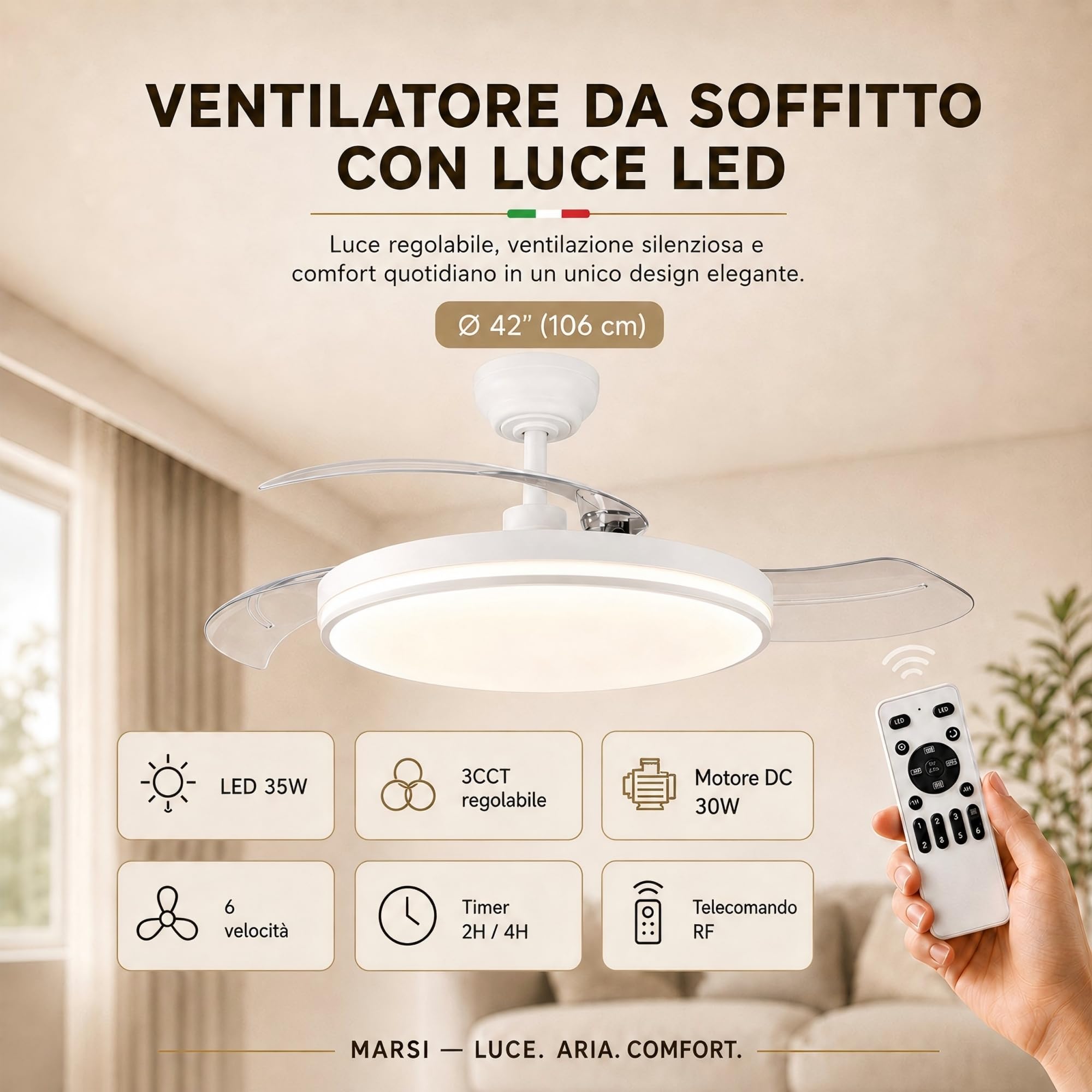 MARSI Ventilatore da Soffitto con Luce e Pale Retrattili 106cm, Lampadario Ventilatore Silenzioso con Telecomando, Motore DC Reversibile, 6 Velocità, LED Dimmerabile, per Camera da Letto e Soggiorno