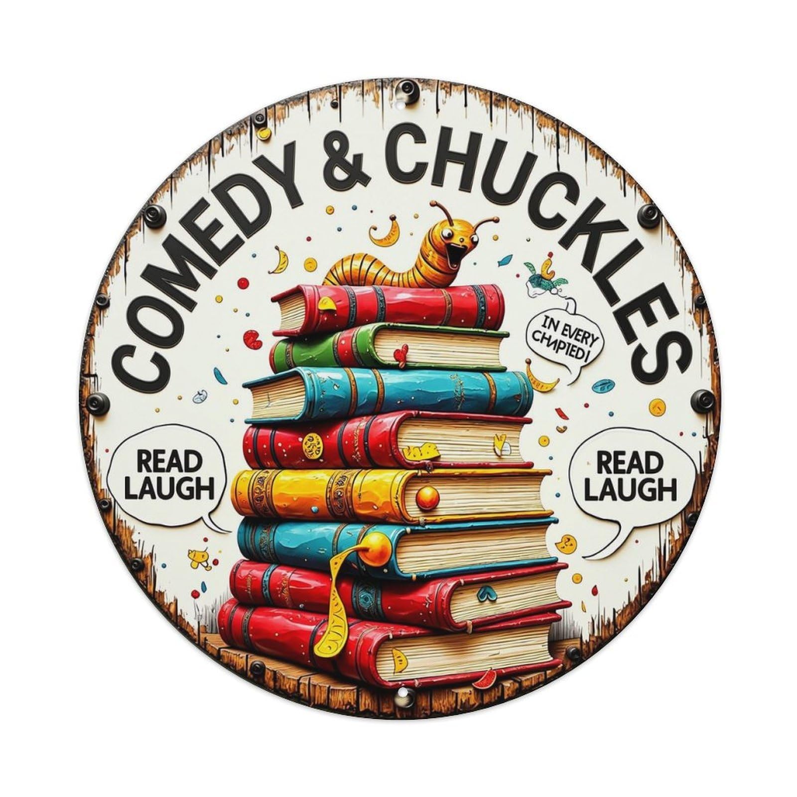 Jdyaojiesheng Vintage Comedy And Chuckles Books Stack Round Tin Sign Retro Metal Wall Decor Metal Poster, Home Bar Garage Farmhouse Cafe Wall Art Decoration 8X8inch