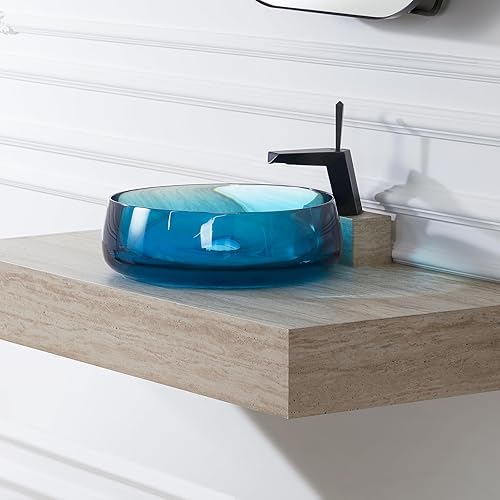 Miniatura 2 de Cpingao Fregadero de baño de resina de piedra transparente de 17.7 pulgadas redondo para baño, lavabo sobre encimera con drenaje desplegable (azul)