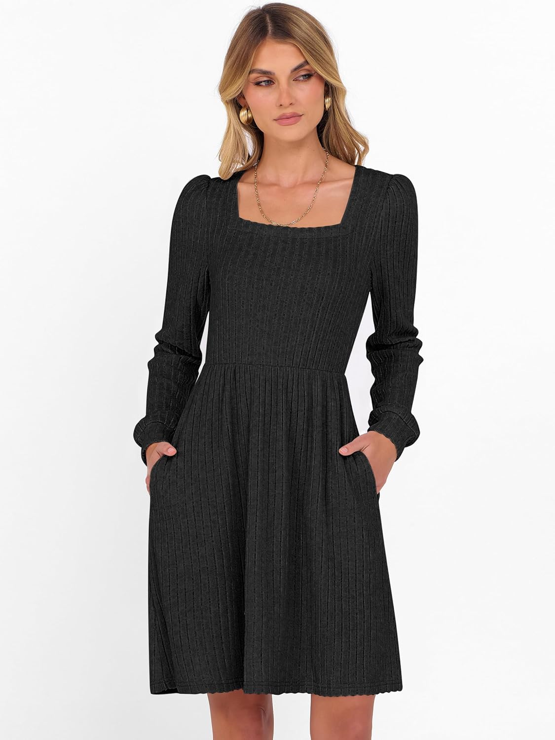 ANRABESS Women's Square Neck Long Sleeve Fall Dress Casual Ribbed Knit Soft 2026 Trendy Short Sweater Dresses with Pockets - Image 2