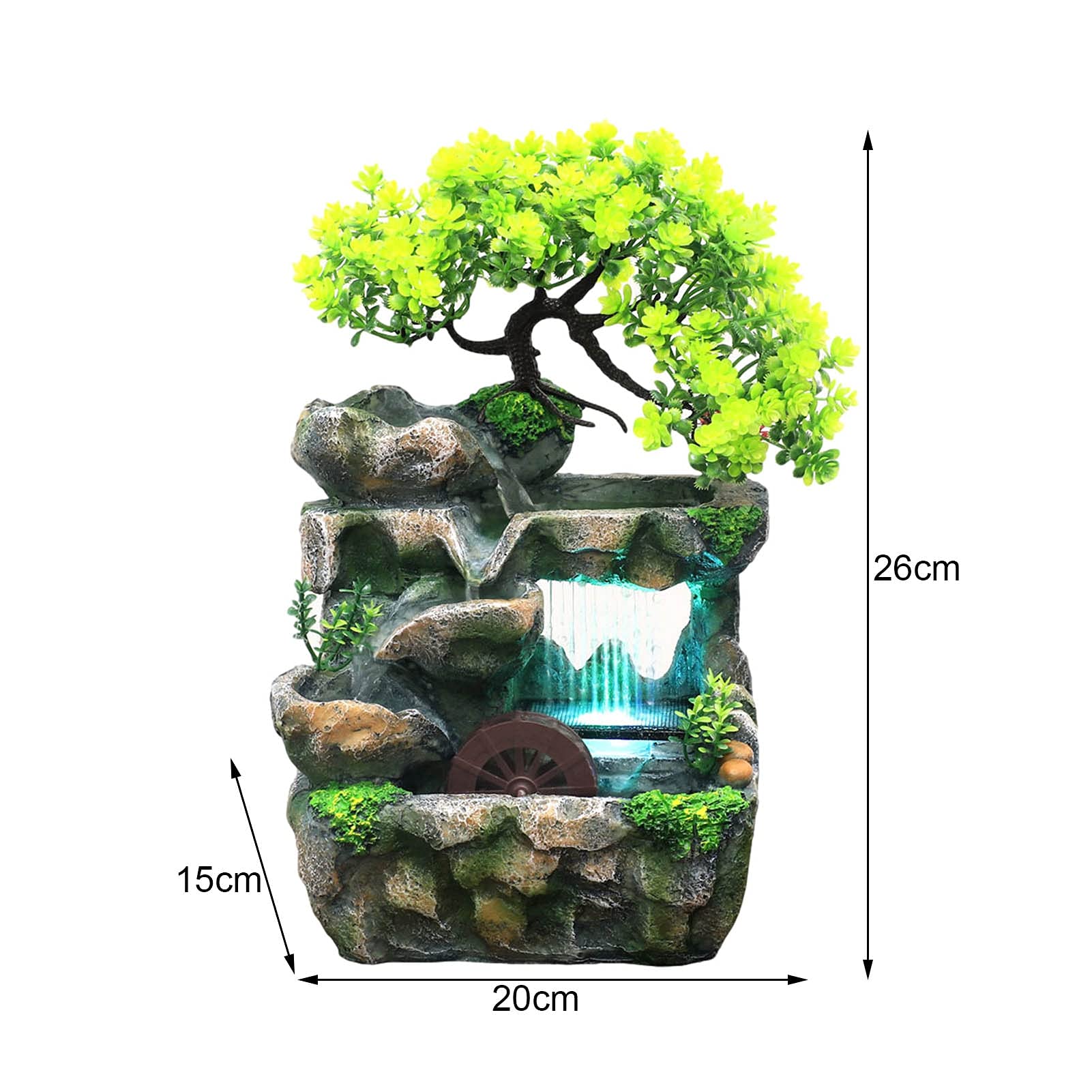 Fuente de Mesa Decorativa para Interior, Fuente de Agua con Cascada, de Resina, con iluminación LED, Bomba de Agua, Zen, decoración para salón, Dormitorio, Oficina, 20 x 15 x 26 cm