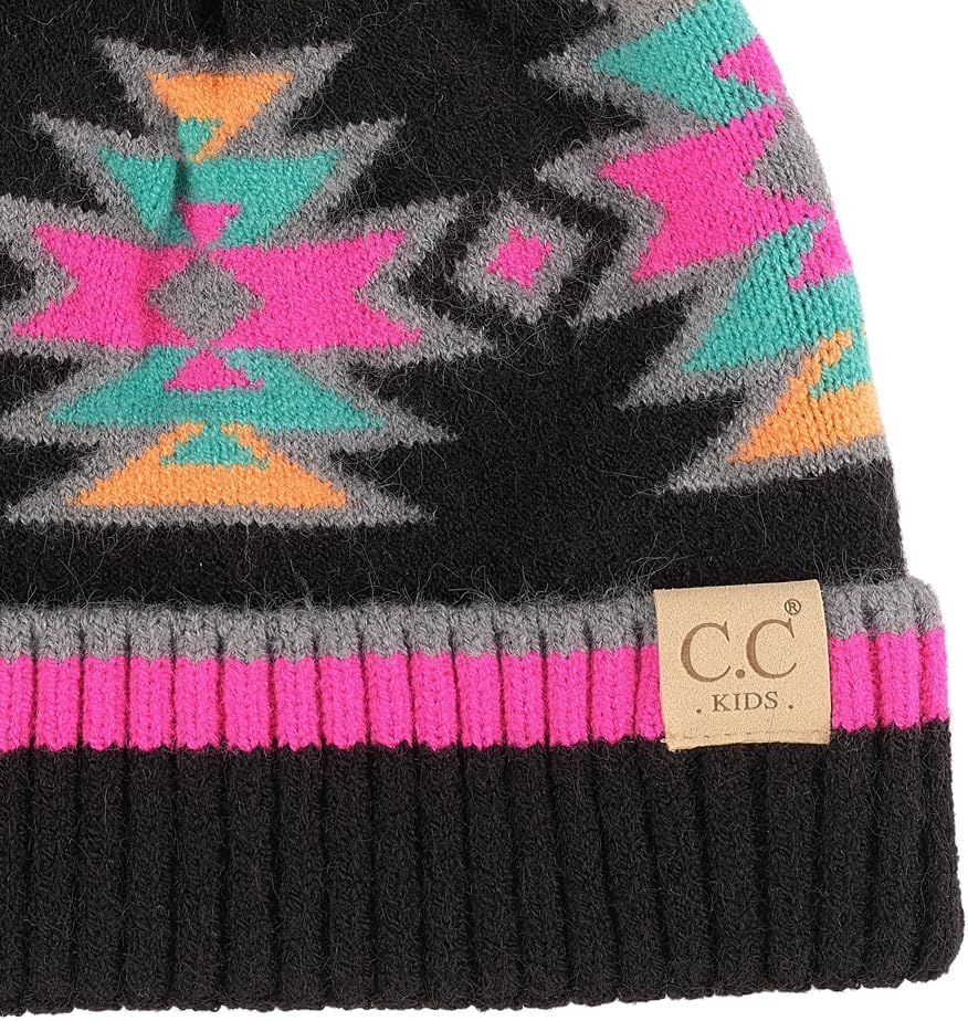 C.C Kids Southwest Pattern Fur Pom Beanie for Boys Girls - Comfortable Soft Warm Children Youth Knit Skully Hat with Faux Pom - Image 3