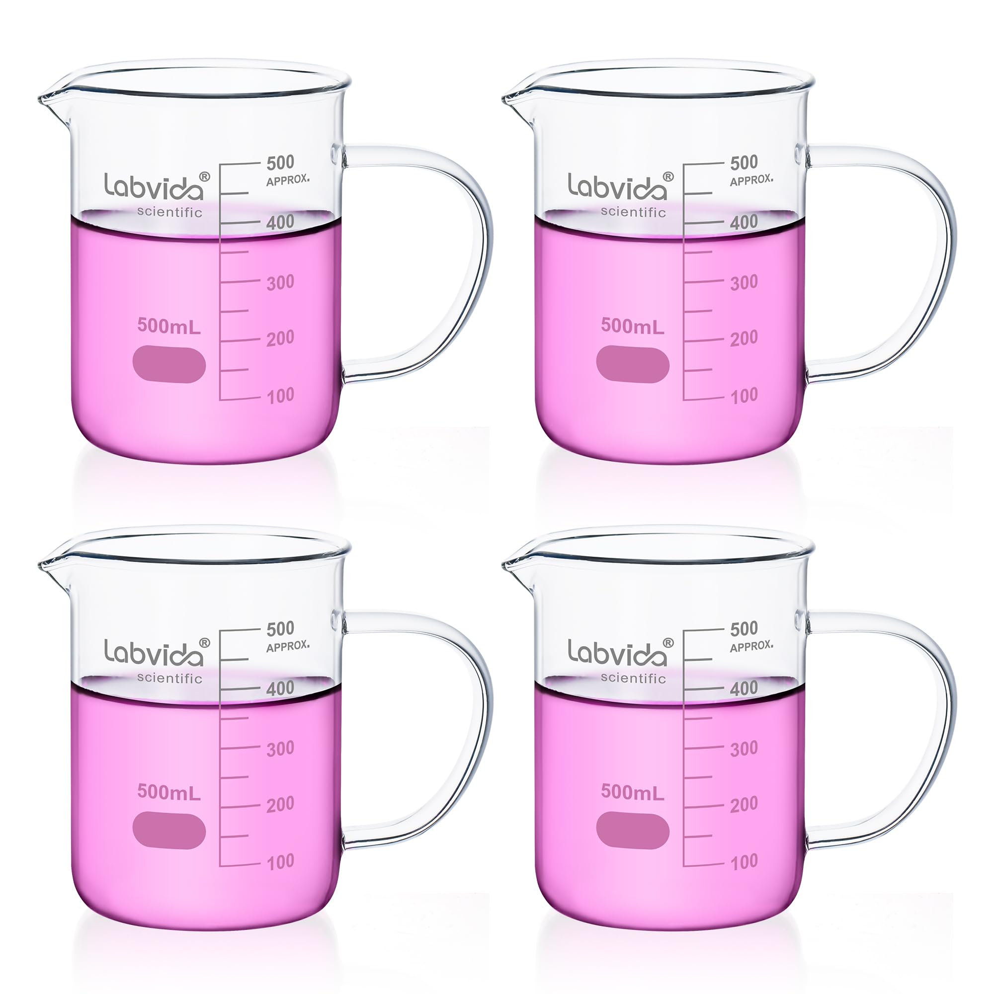 LVAT002 - Vaso de vidrio con asa, 4 unidades de vol. 500 ml, borosilicato 3.3 Griffin de forma baja con graduación impresa, LVAT002
