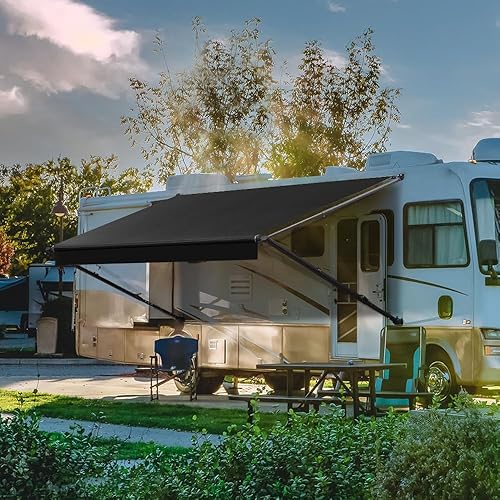 Suncode RV Awning for RV,Camper&Travel Trailers–Manual RV Awning Complete Kit,Manual Camper Awning,RV Roll Out Awning- – 14x8Ft – Black Frame &Black