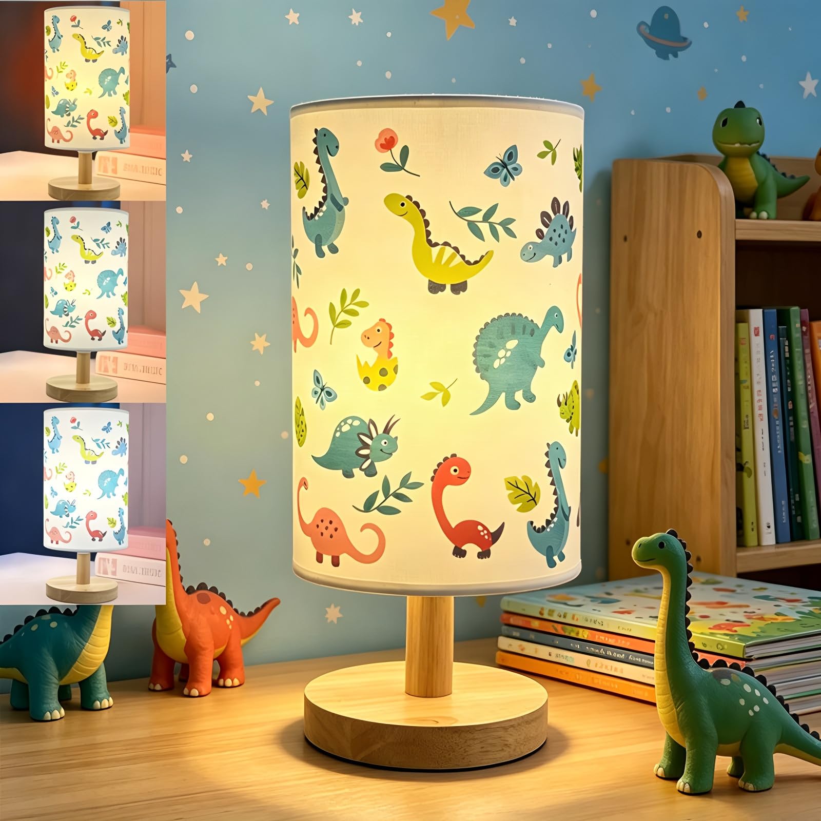 Lámpara de mesa de dinosaurio para niños, decoración de habitación de dinosaurio para niños, lámpara de noche regulable de 3 colores con mesita de noche de madera de lino, pantalla de dibujos