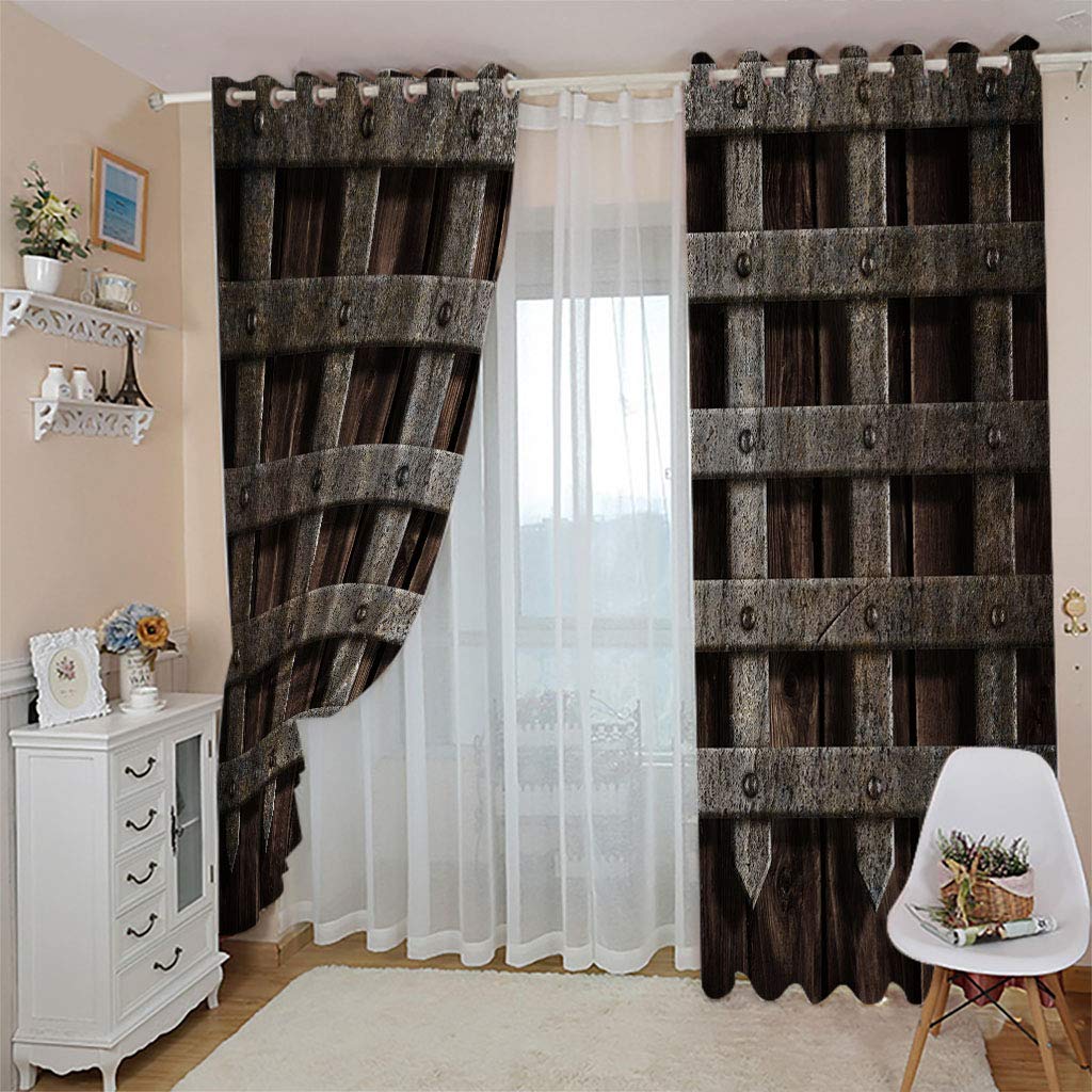 Verdunkelungsvorhang Kinderzimmer Junge Mädchen Blickdichter Ösenvorhang 3D Retro Metall Holzmaserung Muster Ösenschal 2Er Set 280X260Cm Vorhänge Schlafzimmer Thermo Gardinen Fensterdekoration