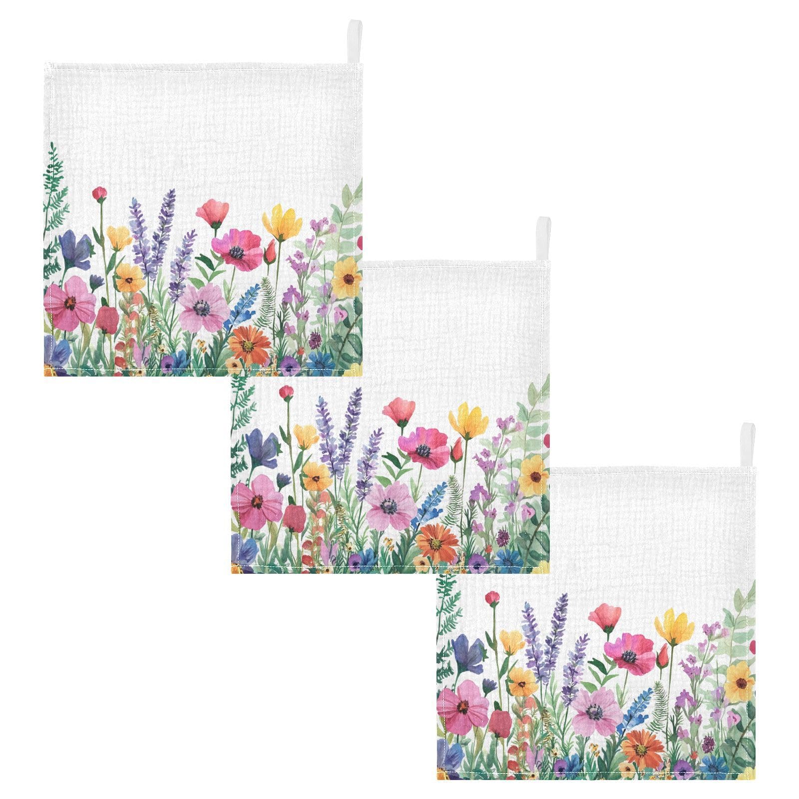 Nander Beautiful Watercolor Wildflowers Baby Muslin Washcloths 3PCS- Soft Face Cloths for Newborn Absorbent Bath Wash Cloths Wipes
